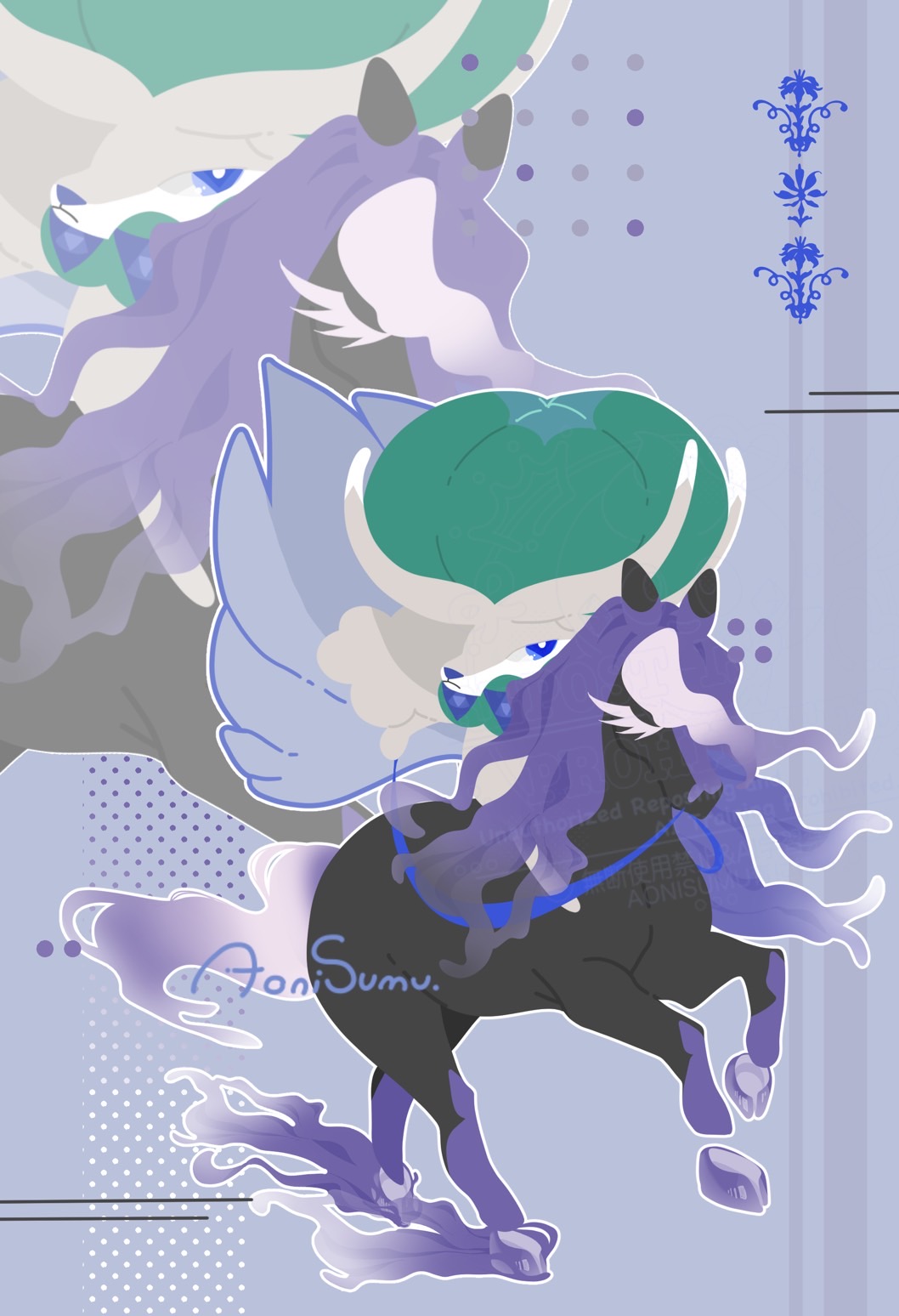 chikawapkmn0487, calyrex, calyrex (rider), spectrier, nintendo, pokemon, commentary, english commentary, highres, blue eyes, closed eyes, closed mouth, frown, gen 8 pokemon, horse, legendary pokemon, looking up, no humans, pokemon (creature), pokemon focus, purple background, riding, riding pokemon, signature