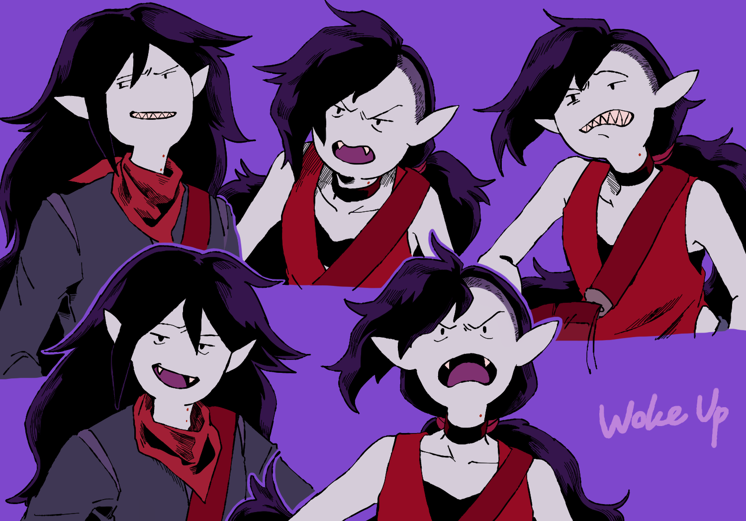 raya (uk 0128), marceline abadeer, adventure time, commentary request, 1girl, adventure time: distant lands, bite mark, bite mark on neck, black hair, choker, collarbone, colored skin, cropped torso, fangs, grey shirt, grey skin, long hair, long sleeves, multiple views, official alternate costume, official alternate hairstyle, open mouth, outline, pointy ears, ponytail, purple background, raised eyebrow, red choker, red scarf, red shirt, scarf, sharp teeth, shirt, simple background, sleeveless, sleeveless shirt, smile, song name, teeth, undercut, undershirt, upper body, v-shaped eyebrows, vampire