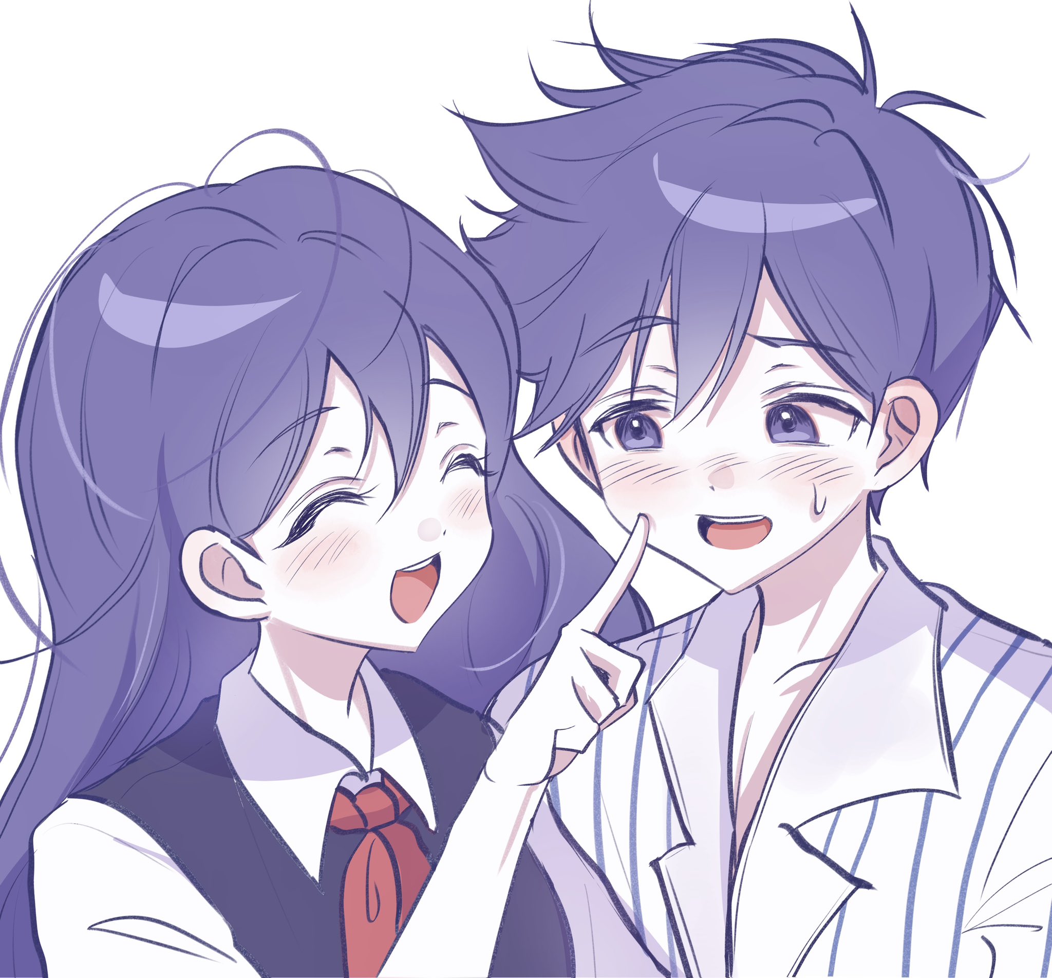 hero (headspace) (omori), hero (omori), mari (headspace) (omori), mari (omori), omori, highres, 1boy, 1girl, antenna hair, blush, cheek poking, closed eyes, collared shirt, colored skin, double-parted bangs, hair between eyes, index finger raised, long hair, looking at another, neckerchief, open mouth, pajamas, poking, purple eyes, purple hair, red neckerchief, shirt, short hair, short sleeves, simple background, smile, striped clothes, striped pajamas, sweatdrop, teeth, upper teeth only, vertical-striped clothes, vertical-striped pajamas, white background, white shirt, white skin, wktdms1