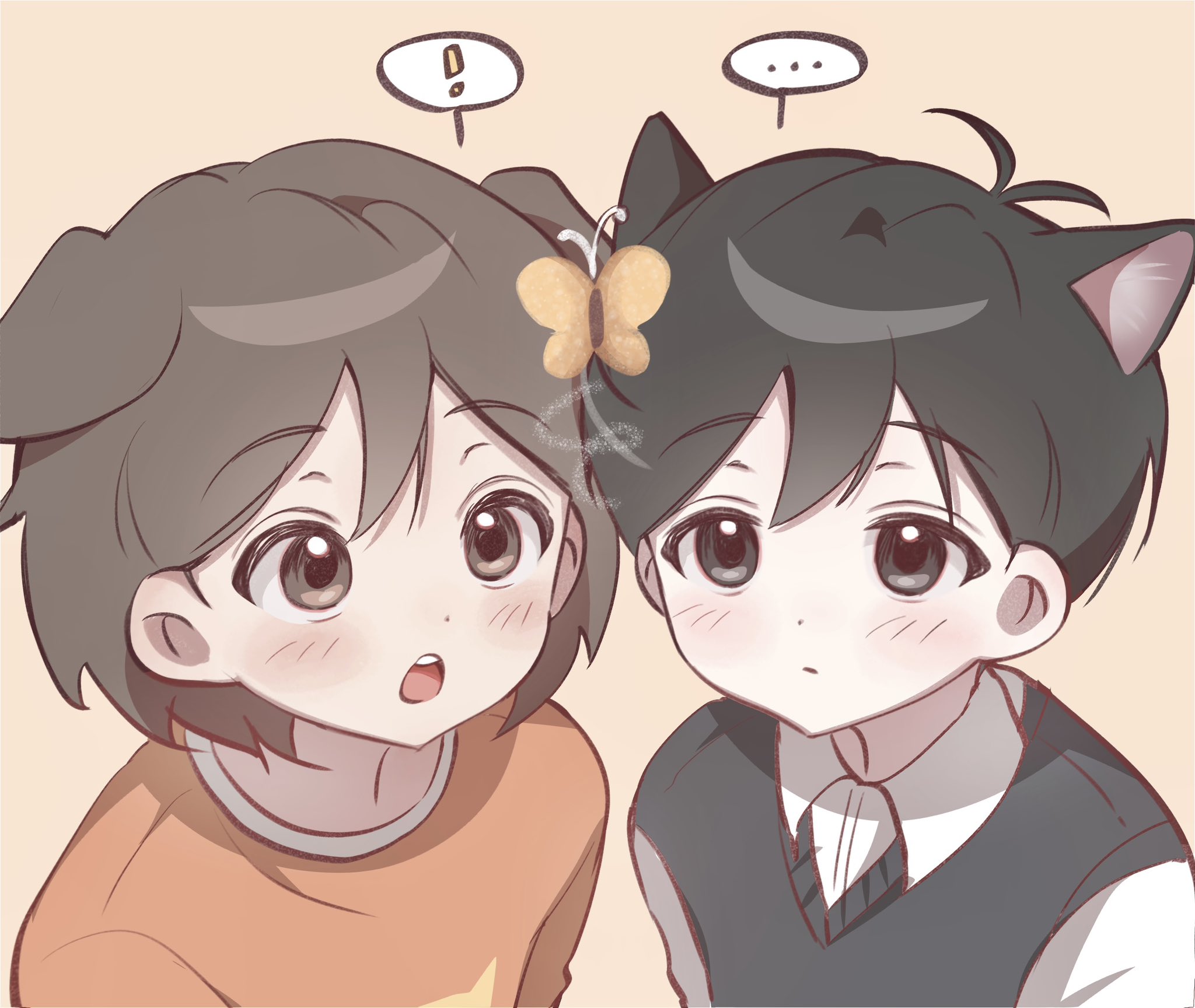 kel (faraway) (omori), kel (omori), sunny (omori), omori, highres, !, …, 2boys, alternate costume, animal ears, black sweater vest, brown background, brown eyes, brown hair, bug, butterfly, cat boy, cat ears, closed mouth, collared shirt, dog boy, dog ears, double-parted bangs, hair between eyes, insect, kemonomimi mode, male focus, multiple boys, open mouth, orange shirt, shirt, short hair, simple background, speech bubble, spoken ellipsis, spoken exclamation mark, sweater vest, t-shirt, teeth, upper teeth only, white shirt, wktdms1