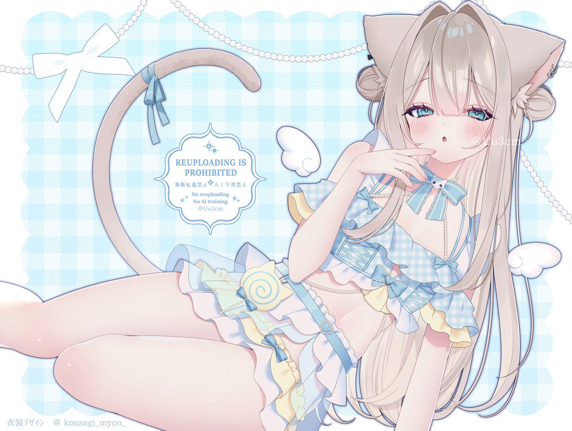 uu3cm, original, highres, 1girl, animal ear fluff, animal ears, blue bow, blue eyes, blue shirt, blue skirt, blush, bow, breasts, cat ears, cat girl, cat tail, cropped shirt, double bun, grey hair, hair bun, long hair, looking at viewer, midriff, navel, parted lips, shirt, skirt, solo, tail, tail bow, tail ornament, thighs