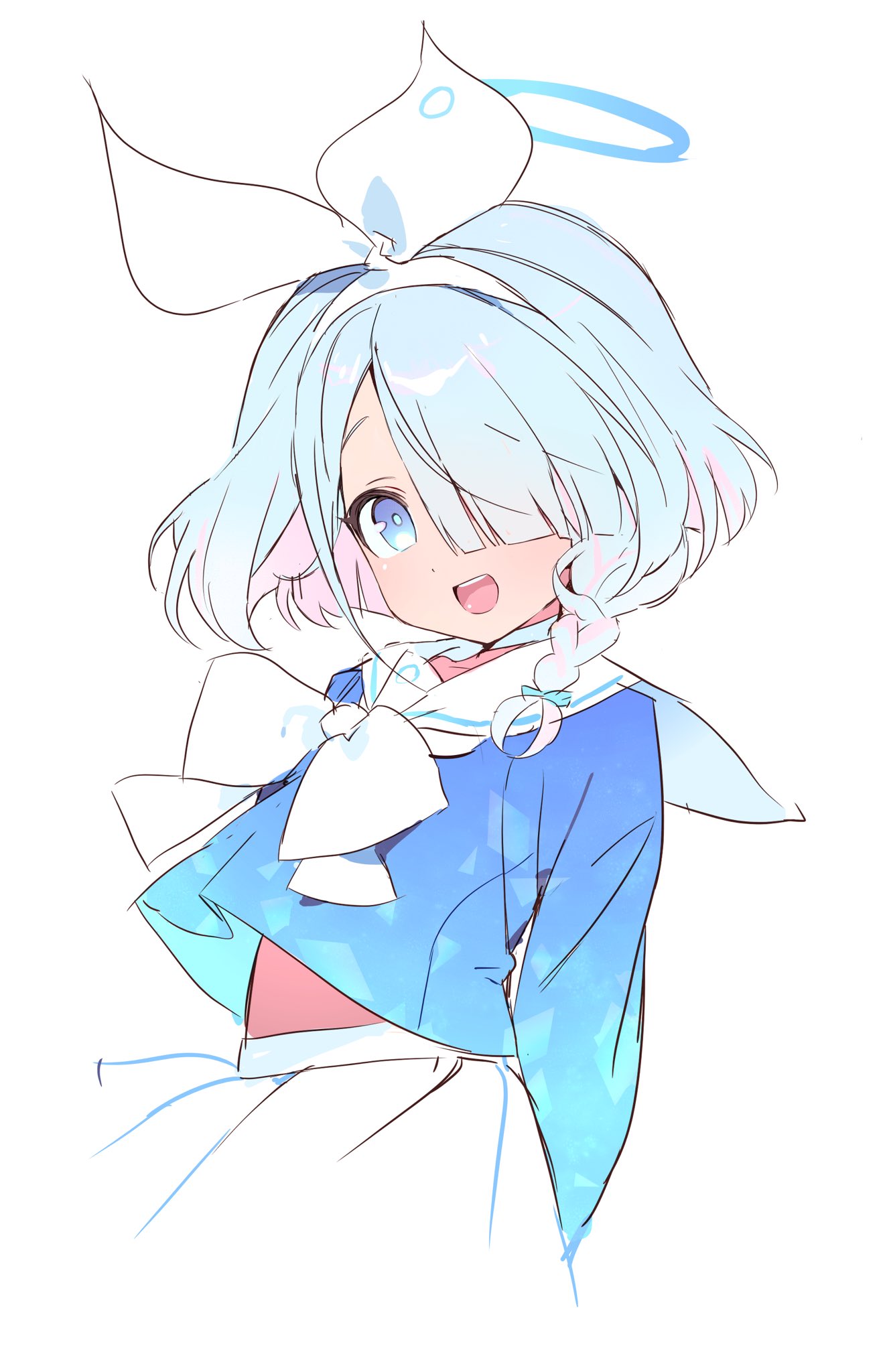 ohta guk hip, arona (blue archive), blue archive, highres, protected link, 1girl, :d, aqua bow, aqua shirt, arms behind back, blue eyes, blue hair, blue halo, bow, bow hairband, bowtie, braid, bright pupils, choker, colored inner hair, cowboy shot, gradient clothes, gradient shirt, hair bow, hair over one eye, hairband, halo, long sleeves, midriff peek, multicolored hair, one eye covered, open mouth, pink hair, puffy long sleeves, puffy sleeves, sailor collar, school uniform, shirt, short hair, side braid, simple background, single braid, skirt, smile, solo, standing, teeth, tongue, two-tone hair, upper teeth only, white background, white bow, white bowtie, white choker, white hairband, white sailor collar, white skirt