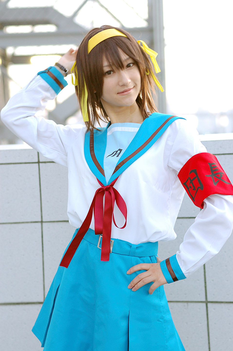 remon, suzumiya haruhi, suzumiya haruhi no yuuutsu, highres, photo (medium), armband, cosplay, hair ribbon, ribbon, sailor, school uniform, serafuku
