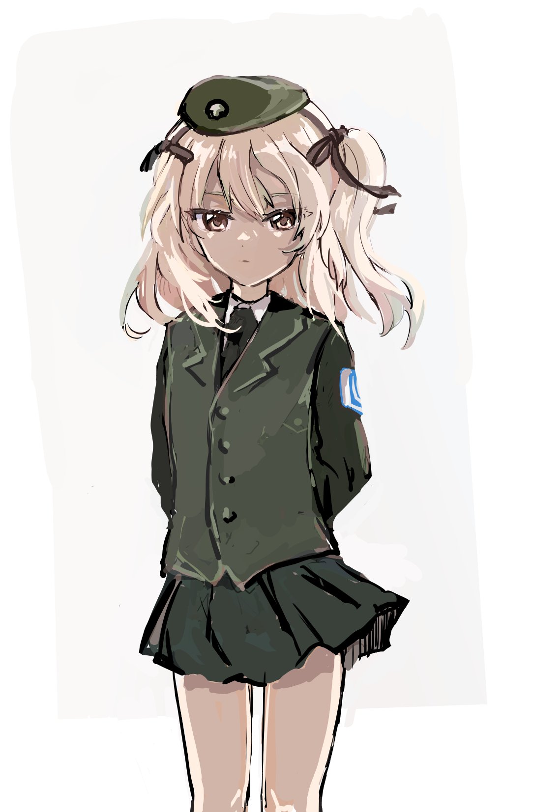 shimada arisu, girls und panzer, commentary, english commentary, highres, 1girl, arms behind back, beret, black jacket, black necktie, black skirt, blonde hair, border, brown eyes, brown ribbon, buttons, closed mouth, collared shirt, cowboy shot, fuyunaga, green hat, green vest, grey background, hair ribbon, hat, jacket, lapels, long sleeves, looking at viewer, medium hair, miniskirt, necktie, outside border, pleated skirt, ribbon, selection university military uniform, shirt, simple background, sketch, skirt, solo, standing, vest, white border, white shirt