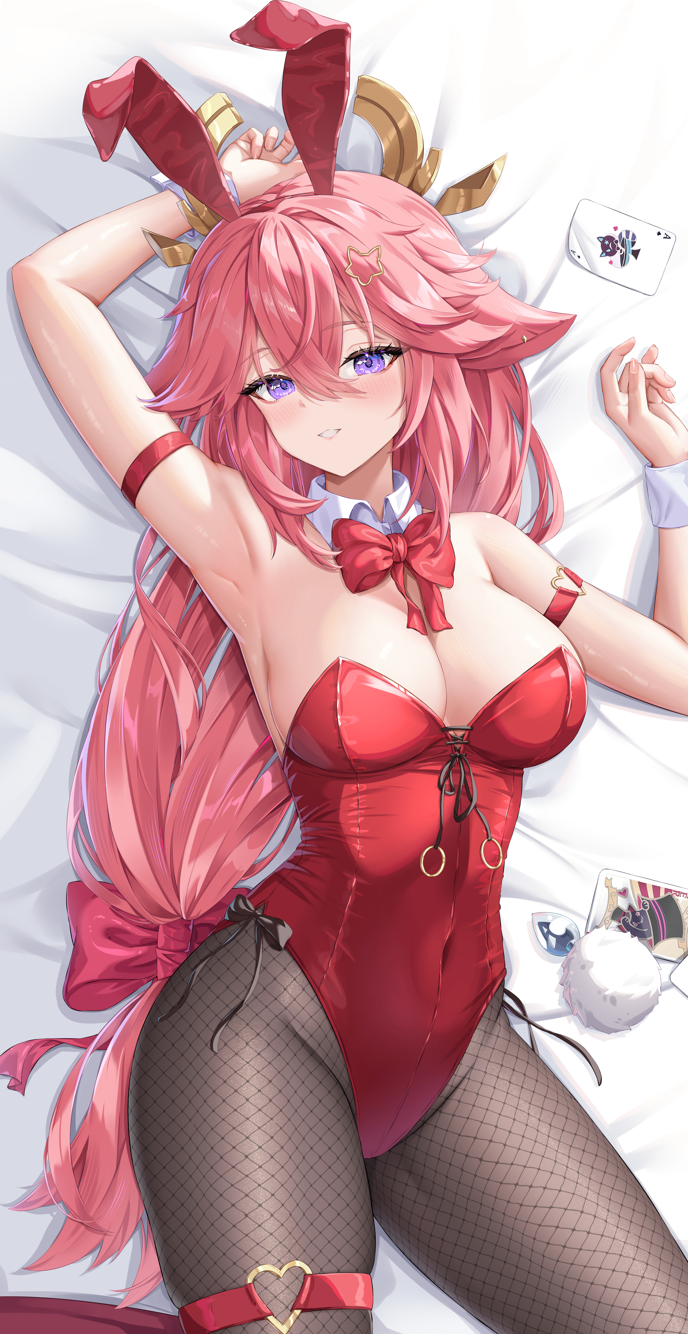 dokimaru, yae miko, genshin impact, absurdres, commentary, highres, 1girl, alternate costume, anal beads, anal tail, animal ears, arm strap, arm up, armpits, bare shoulders, bed, bed sheet, black pantyhose, bow, bowtie, breasts, butt plug, card, cleavage, collar, covered navel, dakimakura (medium), detached collar, fake animal ears, fake tail, feet out of frame, fingernails, fishnet pantyhose, fishnets, floating headgear, floppy ears, fox ears, from above, hair between eyes, hair bow, hair ornament, hand up, headgear, highleg, highleg leotard, large breasts, leotard, light blush, long hair, looking at viewer, lying, on back, on bed, pantyhose, parted lips, pink bow, pink hair, playboy bunny, playing card, purple eyes, rabbit ears, red bow, red bowtie, red leotard, smile, solo, strapless, strapless leotard, tail, thigh strap, unworn butt plug, very long hair, white collar, white wrist cuffs, wrist cuffs