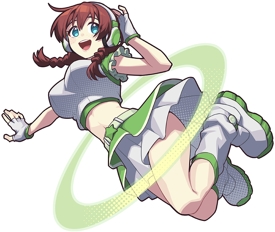 waste-man, emma verde, love live!, love live! nijigasaki high school idol club, 1girl, arm up, blue eyes, blush, boots, braid, breasts, fingerless gloves, freckles, full body, gloves, headphones, large breasts, looking at viewer, low twin braids, medium hair, navel, open mouth, pleated skirt, red hair, skirt, smile, solo, teeth, transparent background, twin braids, upper teeth only, white boots, white gloves, white skirt