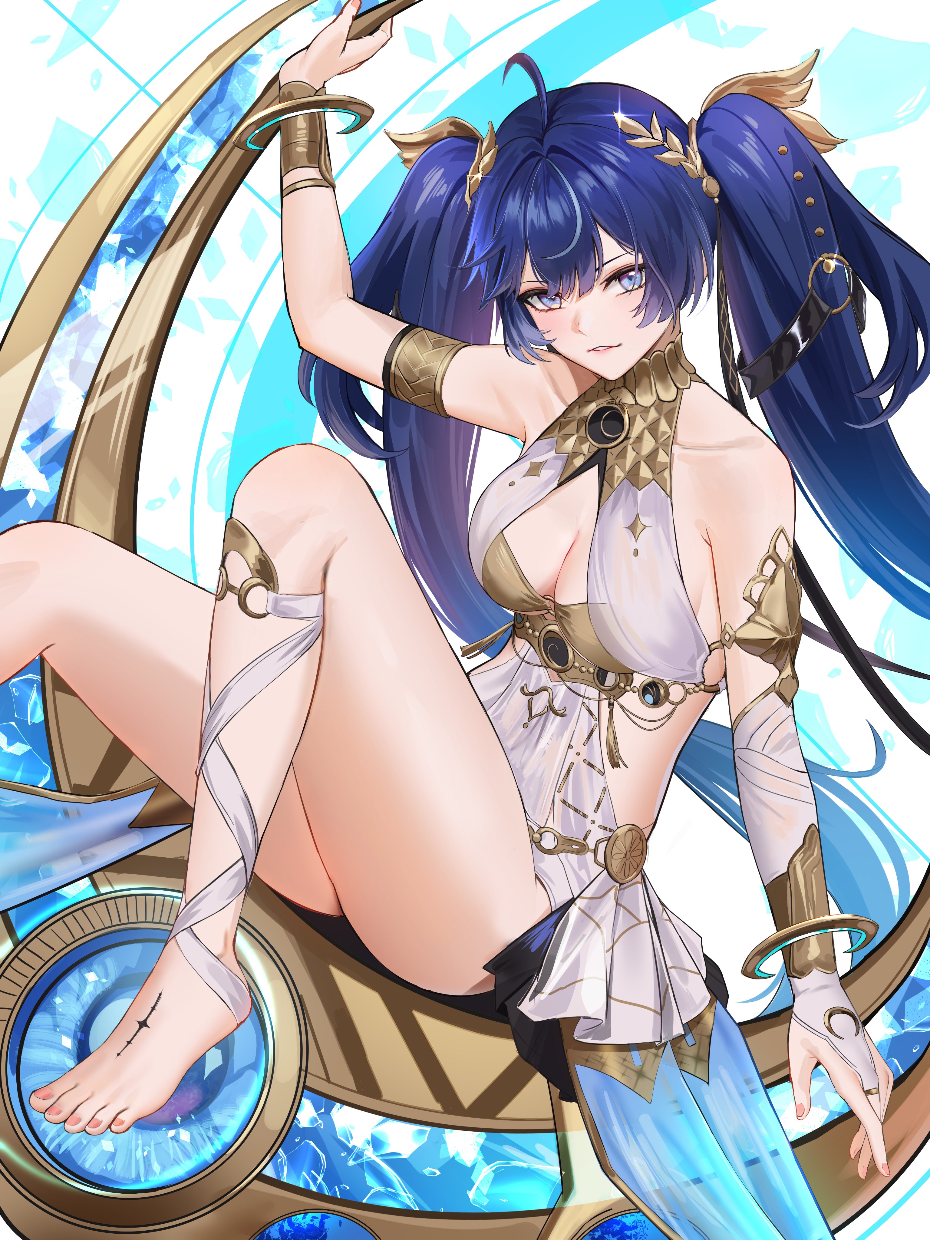 anoreika tomoe, iuno (wuthering waves), wuthering waves, absurdres, commentary, english commentary, highres, 1girl, ahoge, ancient greek clothes, arm up, armlet, bare shoulders, barefoot, black skirt, blue eyes, breasts, bridal gauntlets, cleavage, feet, gold bra, greco-roman clothes, hair belt, head wreath, jewelry, knees up, leg wrap, long hair, looking at viewer, medium breasts, miniskirt, parted lips, showgirl skirt, sitting, skirt, solo, tacet mark (wuthering waves), thighs, toes, twintails, white bridal gauntlets