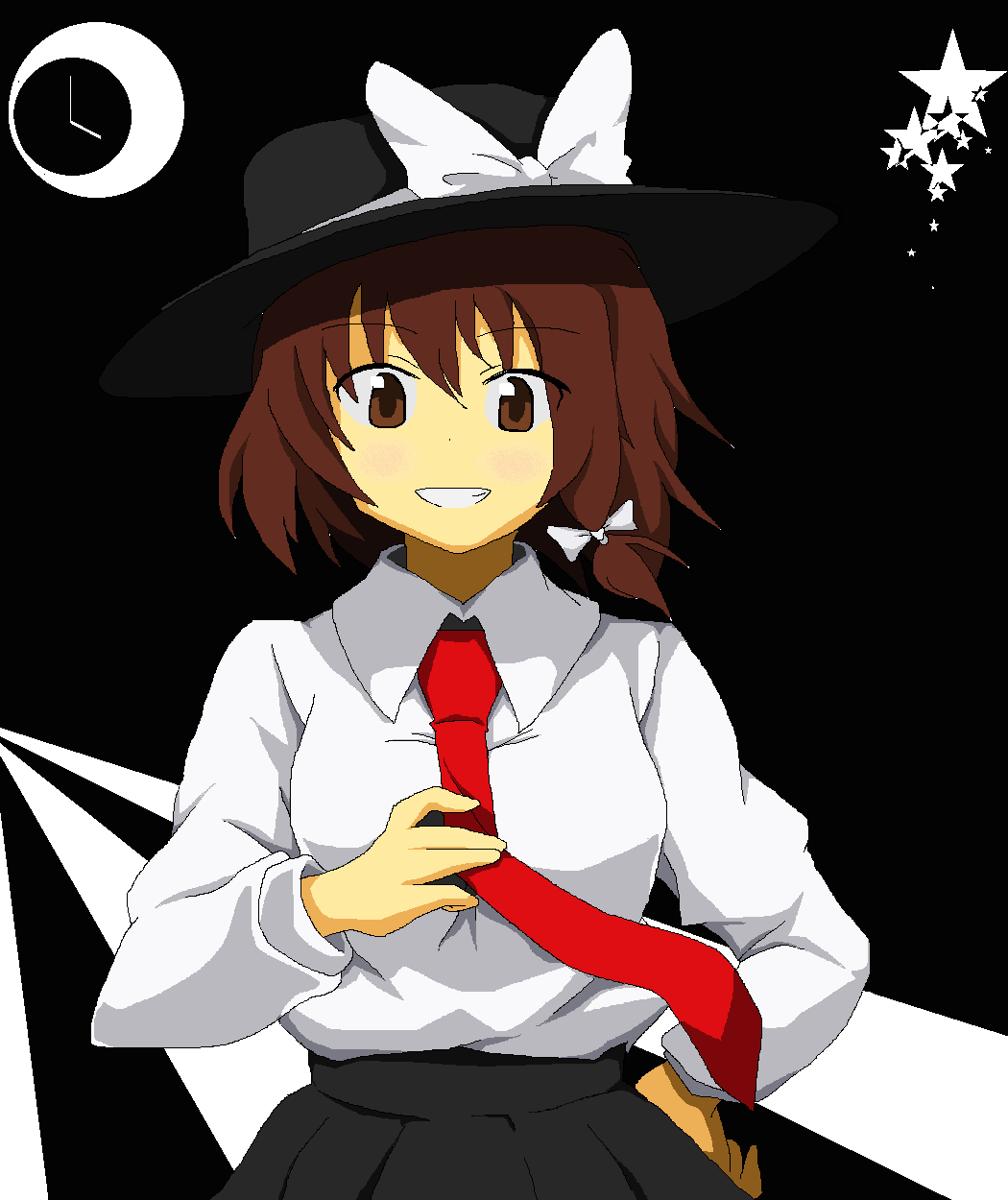 nagaresimasu, usami renko, touhou, highres, 1girl, black background, black hat, black skirt, bow, breasts, brown eyes, brown hair, clock, fedora, hair ribbon, hat, hat bow, holding necktie, looking at viewer, moon (symbol), necktie, ribbon, shirt, skirt, smile, solo, star (symbol), white shirt
