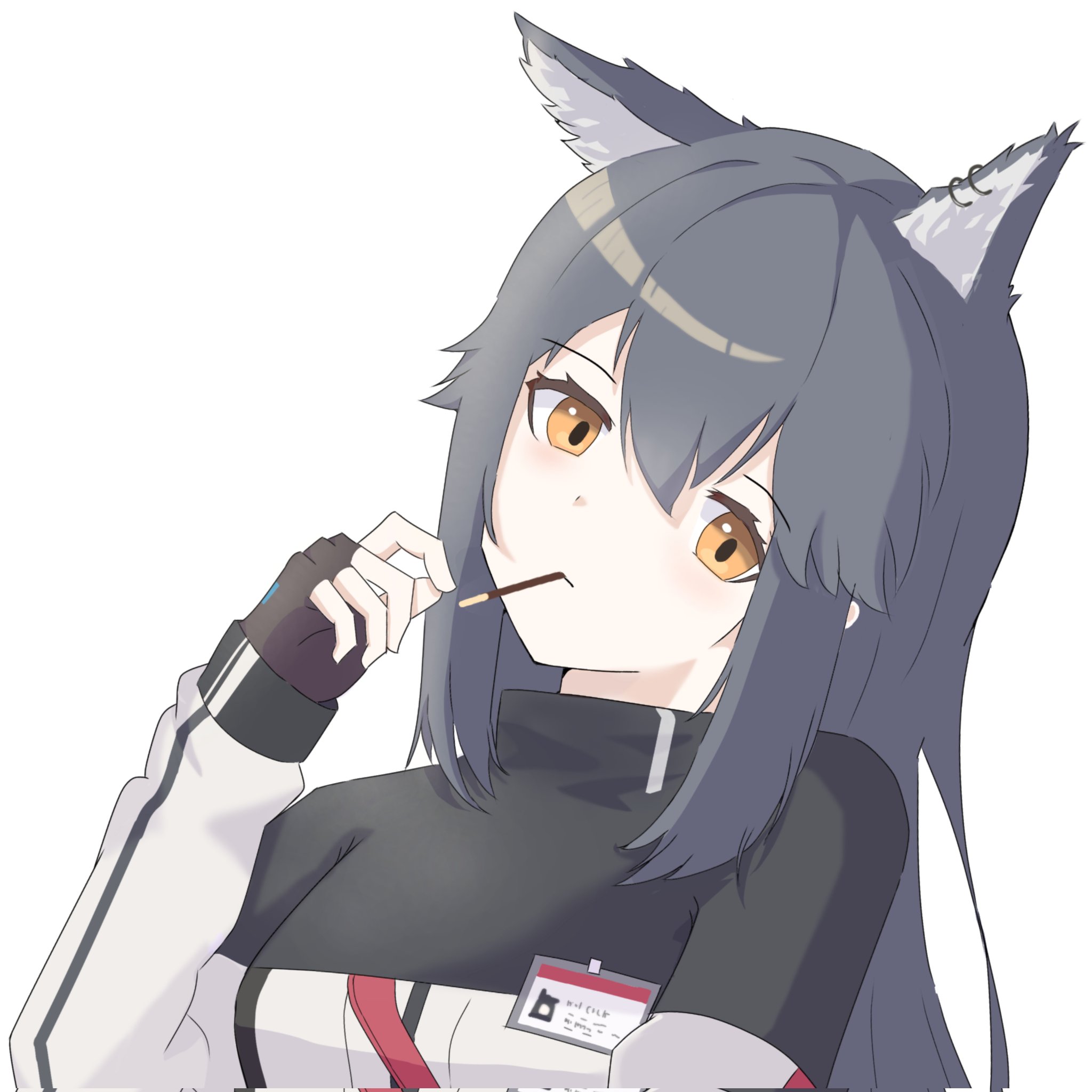 texas (arknights), arknights, commentary, corrupted twitter file, highres, 1girl, animal ear fluff, animal ear piercing, animal ears, black capelet, black gloves, black hair, capelet, fingerless gloves, food, food in mouth, gloves, hair between eyes, long hair, long sleeves, looking at viewer, nonomori (user vvae8753), pocky, pocky in mouth, portrait, simple background, solo, white background, wolf ears, wolf girl, yellow eyes