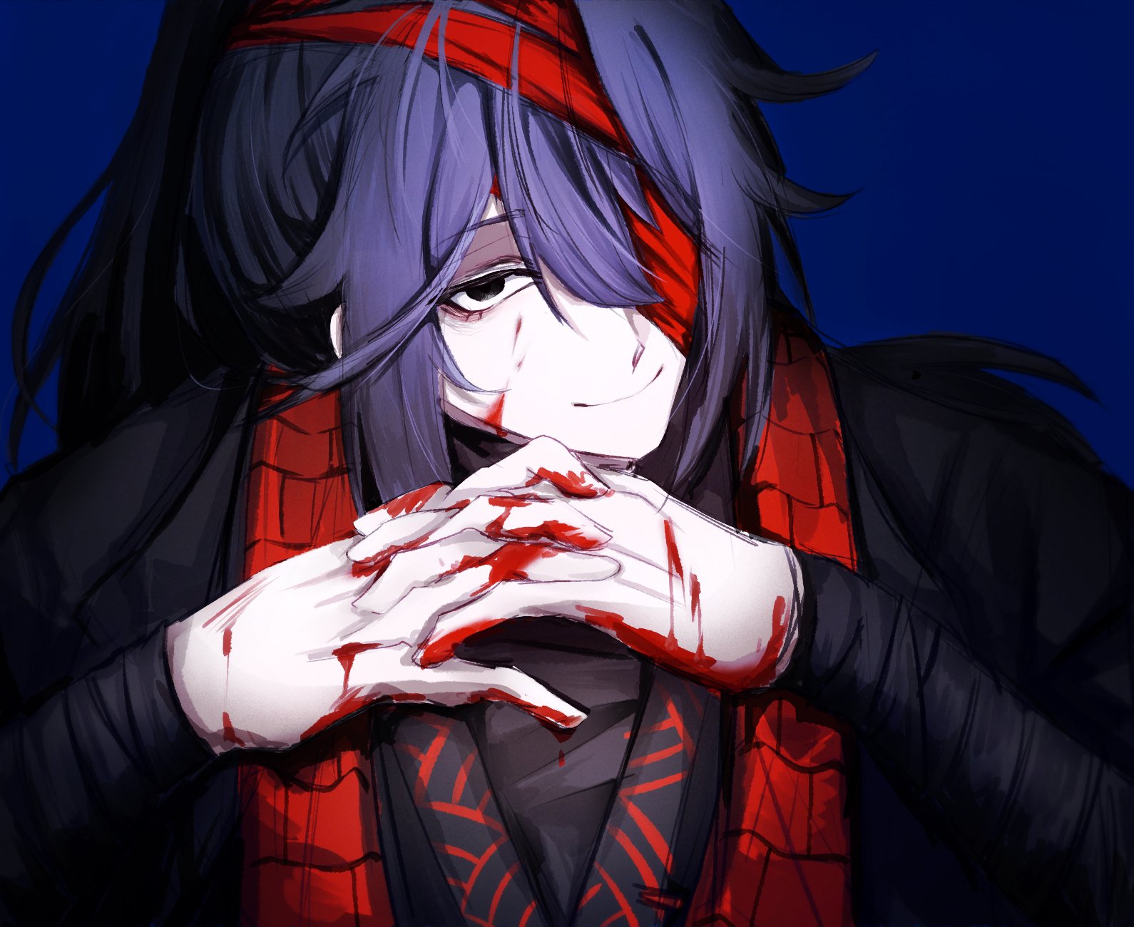 hong lu (project moon), limbus company, project moon, highres, 1boy, bandage over one eye, black eyes, black hair, black hanfu, blood, blood on face, blood on hands, blue background, chinese clothes, family hierarch candidate (identity) (project moon), hanfu, high ponytail, jingblelove, long hair, looking at viewer, male focus, ponytail, red ribbon, ribbon, simple background, smile, solo, stole, upper body