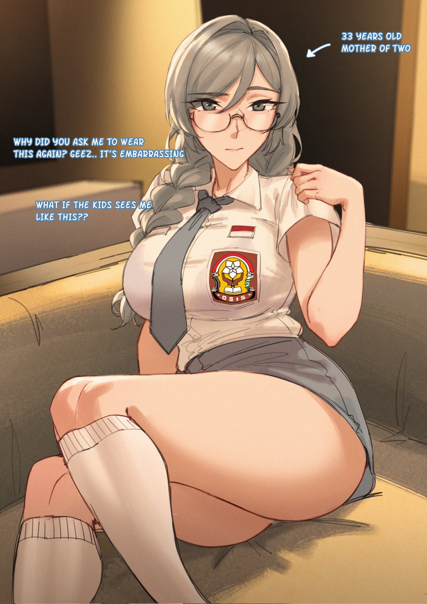 dangodes, original, highres, 1girl, ass, braid, braided ponytail, breasts, english text, glasses, green eyes, grey hair, hair between eyes, kneehighs, large breasts, long hair, looking at viewer, low ponytail, necktie, ponytail, pov, school uniform, sitting, skirt, socks, solo