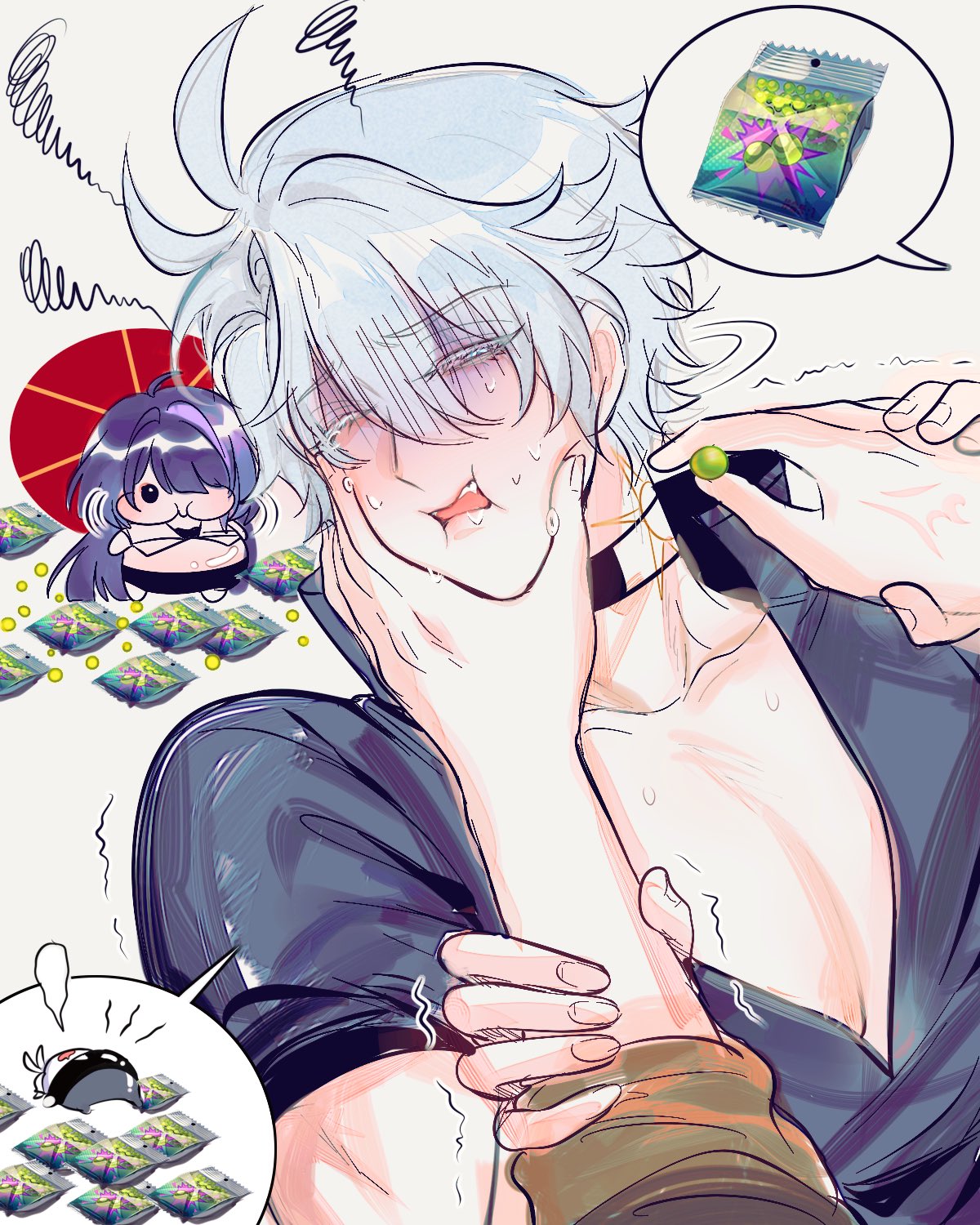 yionyi23, acheron (honkai: star rail), caelus (honkai: star rail), phainon (honkai: star rail), trailblazer (honkai: star rail), honkai: star rail, honkai (series), hashtag-only commentary, highres, 1girl, 2boys, ahoge, antenna hair, black choker, black shirt, blue eyes, chibi, choker, collarbone, collared shirt, crop top, disgust, fat, feeding, food, force-feeding, forced, friends, full mouth, full stomach, gloom (expression), grey background, hair intakes, hair over one eye, high collar, holding, holding another's arm, holding food, holding hands, huge ahoge, long hair, looking at viewer, looking to the side, multiple boys, navel, nervous, oil-paper umbrella, one eye closed, open mouth, pectoral cleavage, pectorals, plump, pov, pov hands, purple hair, shaded face, shirt, short hair, short sleeves, snack, solo focus, speech bubble, spoken character, stomach, sun symbol, sun tattoo, tan, tattoo, teeth, trembling, umbrella, upper teeth only, wavy hair, weight gain, white hair