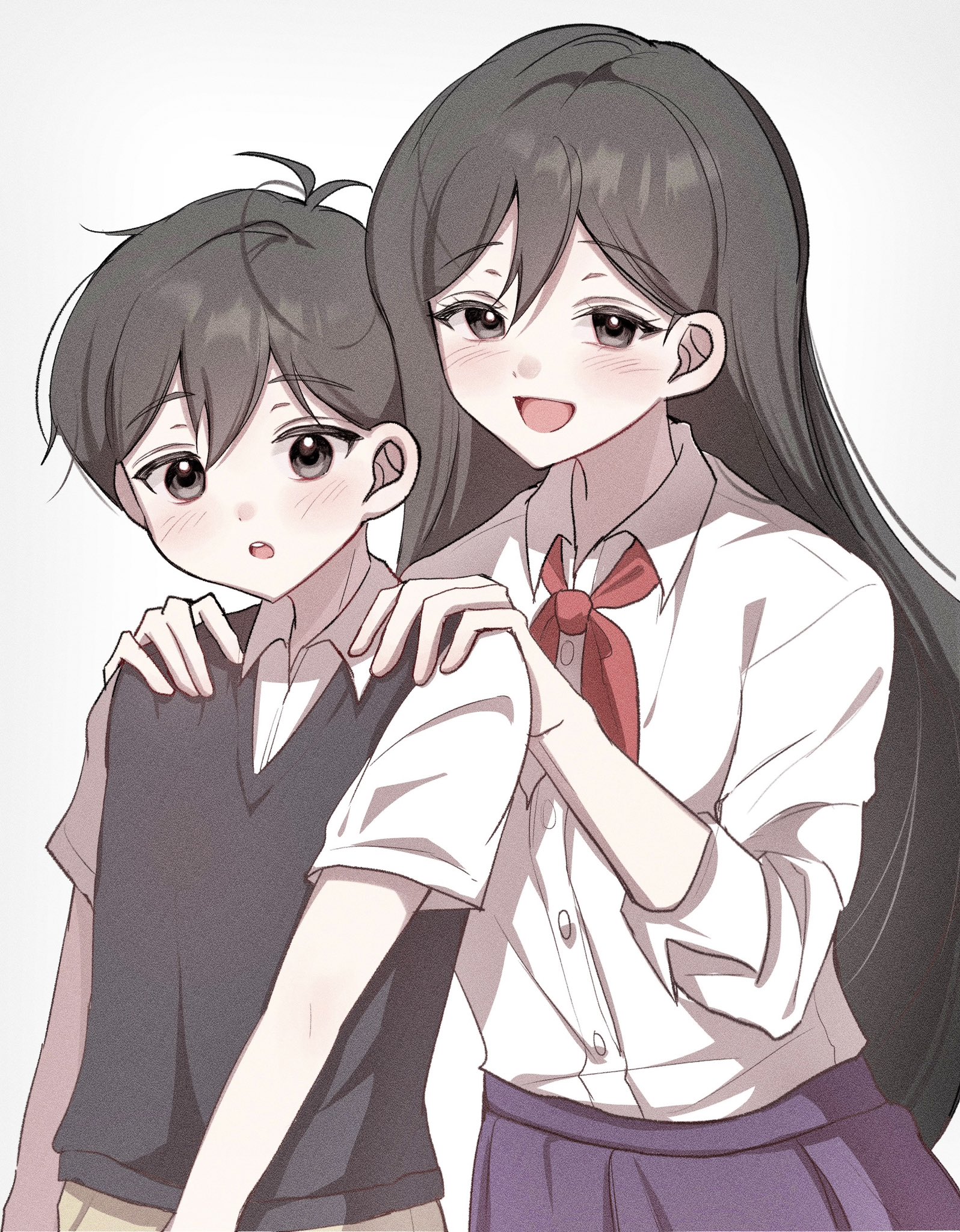 mari (faraway) (omori), mari (omori), sunny (omori), omori, highres, 1boy, 1girl, alternate costume, antenna hair, black eyes, black hair, black sweater vest, blush, brother and sister, collared shirt, double-parted bangs, hair between eyes, hands on another's shoulders, long sleeves, looking at viewer, neckerchief, open mouth, purple skirt, red neckerchief, shirt, short hair, short sleeves, siblings, simple background, skirt, smile, sweater vest, teeth, upper teeth only, white background, white shirt, wktdms1