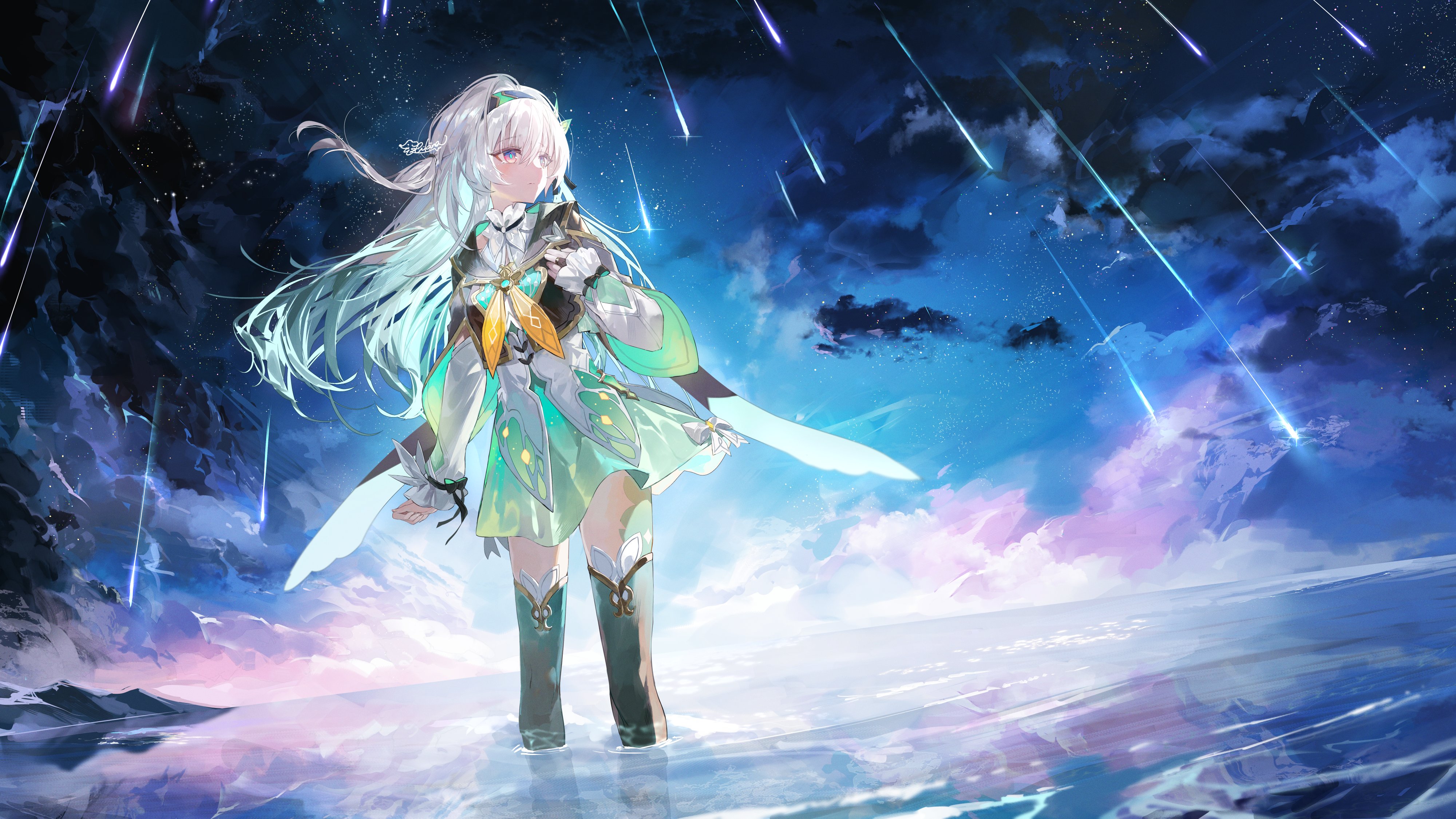 shikina (mochigushi ), firefly (honkai: star rail), honkai: star rail, honkai (series), absurdres, highres, 1girl, aqua skirt, aqua thighhighs, black hairband, black jacket, breasts, bridal gauntlets, grey hair, hairband, jacket, long hair, neckerchief, orange neckerchief, purple eyes, shirt, shooting star, signature, single bridal gauntlet, skirt, sky, solo, star (sky), thighhighs, wading, water, white shirt