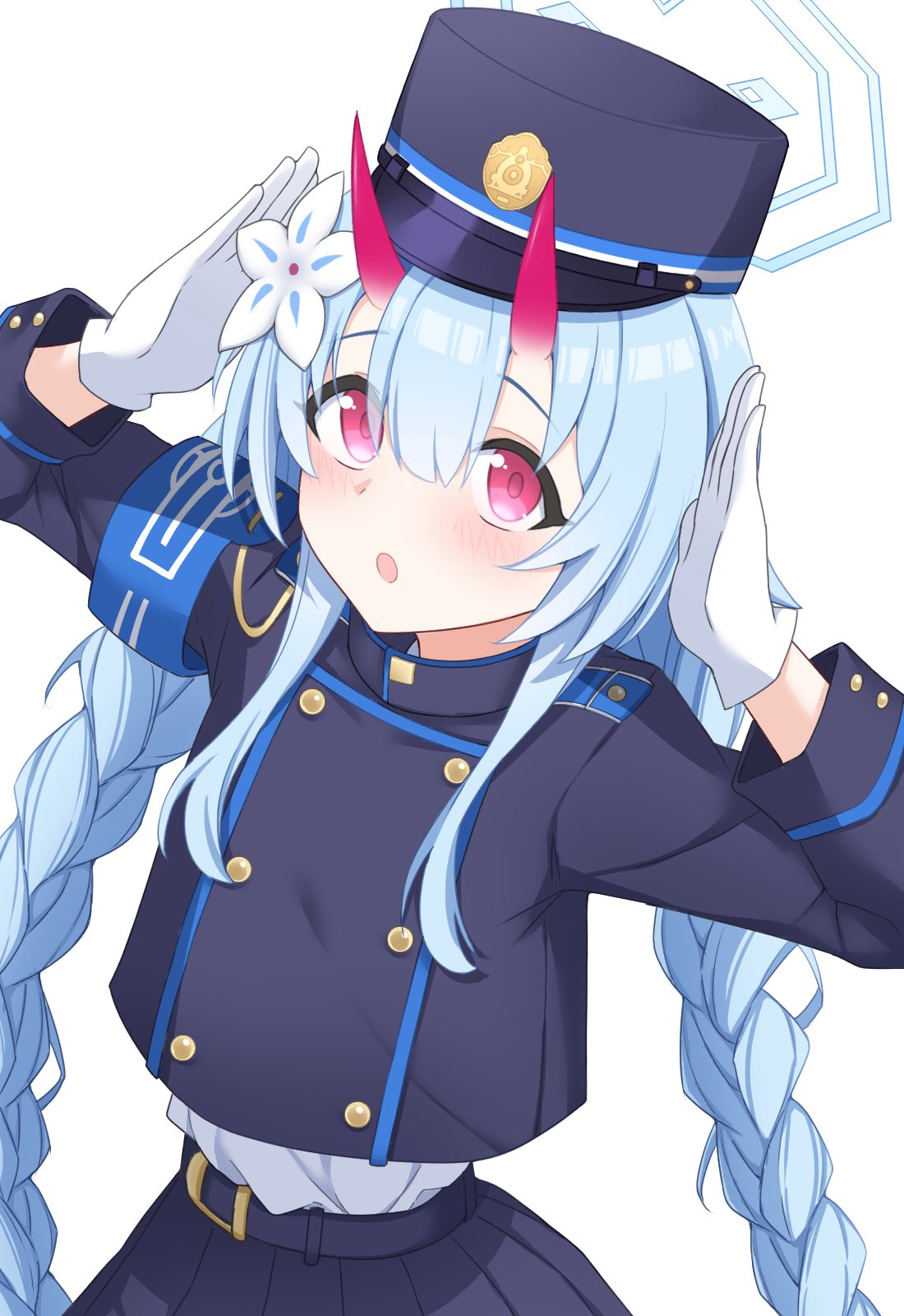 yamichi (yamichi8369), chise (blue archive), hikari (blue archive), blue archive, commentary, highres, 1girl, :o, armband, belt, black belt, black hat, black jacket, black skirt, blue armband, blue hair, blue halo, blunt bangs, blush, braid, buttons, center-flap bangs, cosplay, cowboy shot, demon girl, double-breasted, eyes visible through hair, flower, gloves, hair between eyes, hair flower, hair ornament, halo, hands up, hat, hikari (blue archive) (cosplay), horns, jacket, long hair, long sleeves, looking at viewer, making faces, oni, open mouth, peaked cap, pleated skirt, red eyes, red horns, red pupils, sidelocks, simple background, skin-covered horns, skirt, solo, tareme, twin braids, upturned eyes, very long hair, white background, white flower, white gloves