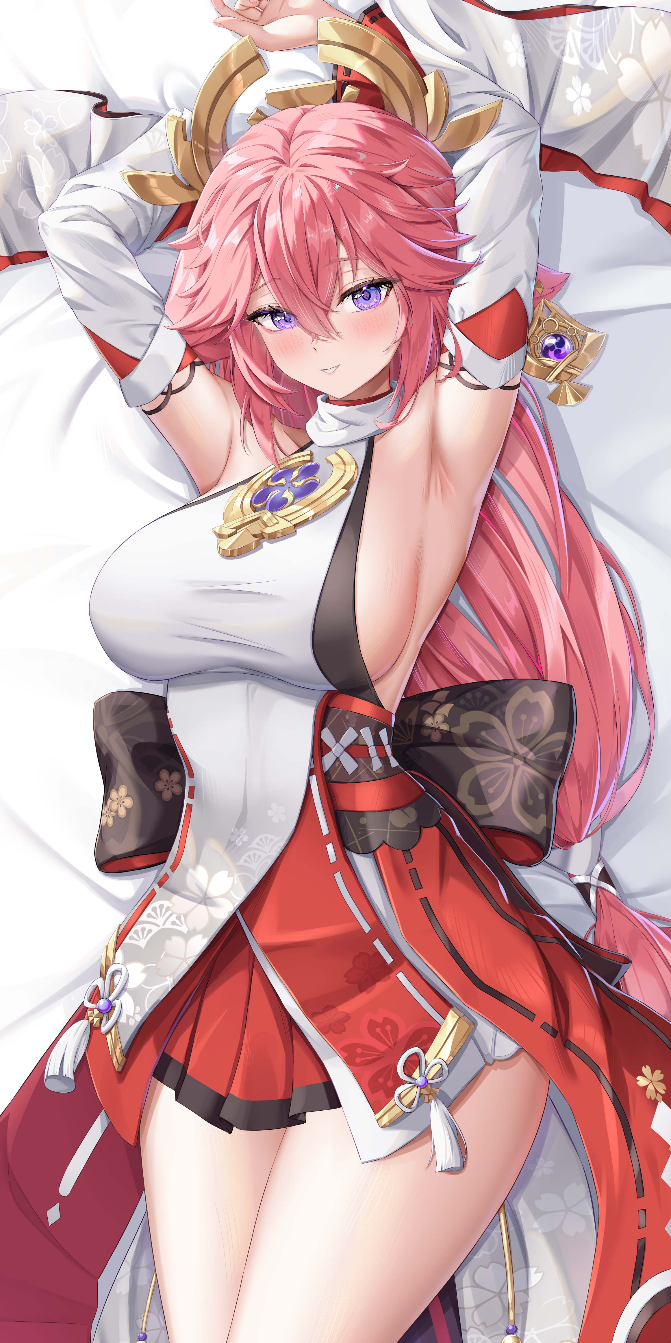 dokimaru, yae miko, genshin impact, absurdres, commentary, highres, 1girl, animal ears, armpits, arms up, bed, bed sheet, blush, breasts, dakimakura (medium), detached sleeves, floating headgear, floppy ears, fox ears, from above, hair between eyes, headgear, japanese clothes, large breasts, long hair, looking at viewer, low-tied long hair, lying, nontraditional miko, on back, on bed, parted lips, pink hair, purple eyes, sideboob, smile, solo, thighs, very long hair, vision (genshin impact), wide sleeves