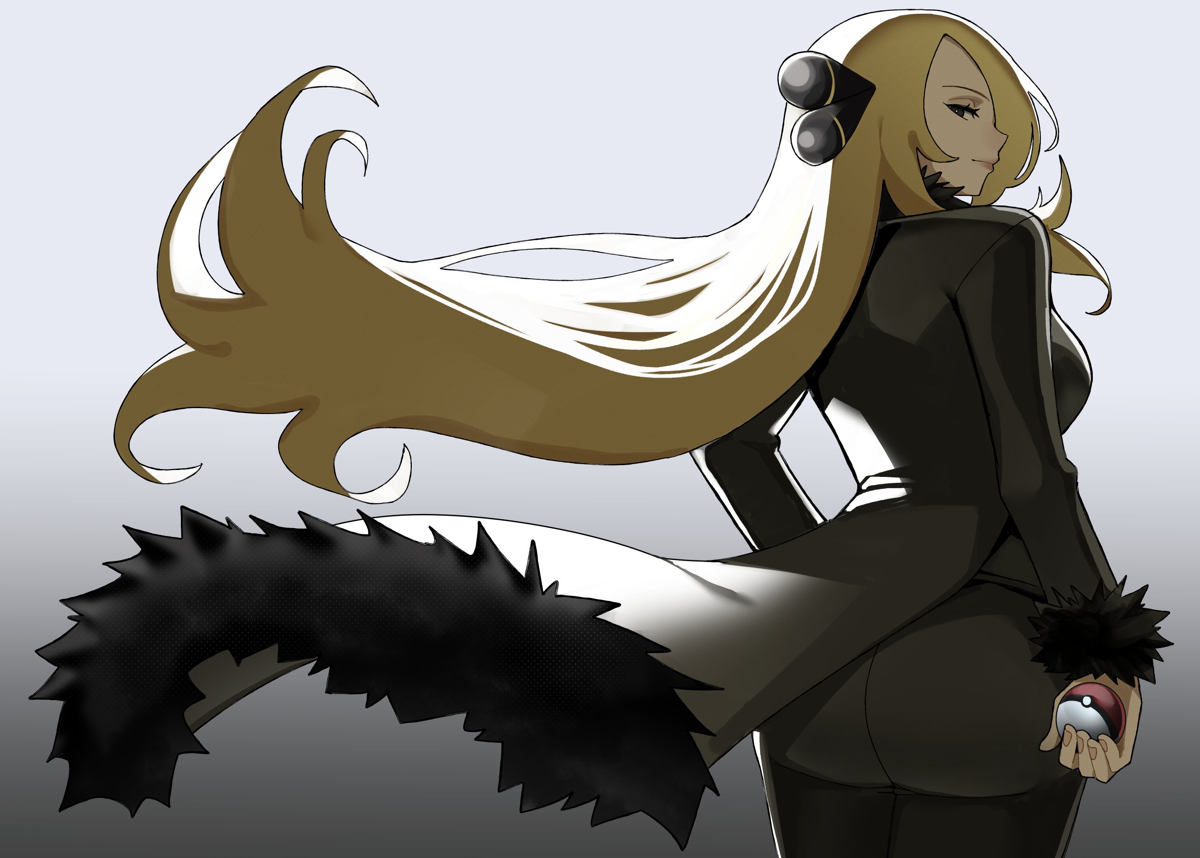 ceroccb, cynthia (pokemon), nintendo, pokemon, pokemon dppt, highres, 1girl, ass, black coat, black pants, blonde hair, breasts, coat, fur-trimmed coat, fur-trimmed sleeves, fur collar, fur trim, grey eyes, hair ornament, hair over one eye, hand on own hip, holding, holding poke ball, long hair, long sleeves, medium breasts, pants, poke ball, poke ball (basic), solo, very long hair