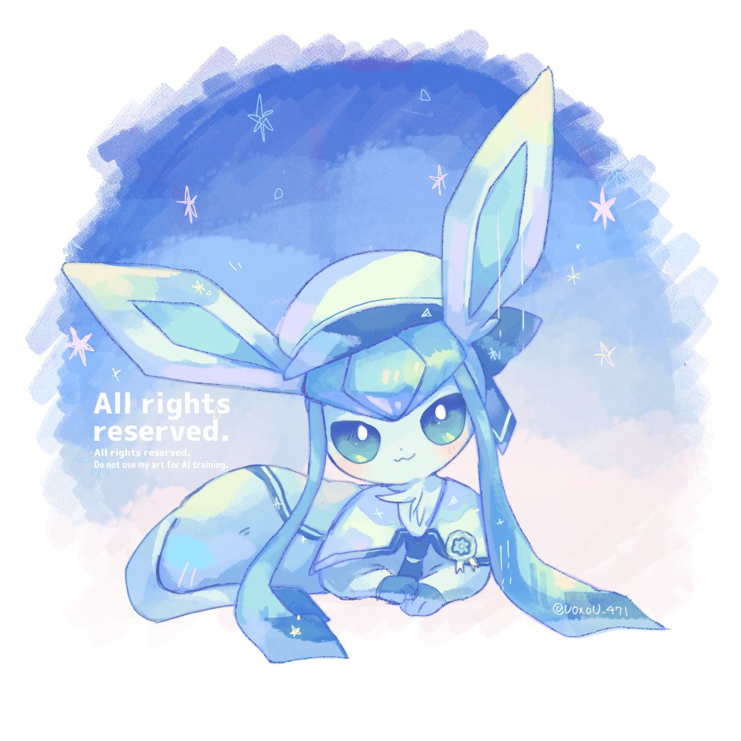 glaceon, nintendo, pokemon, highres, :3, animal focus, blue eyes, blue fur, blush, closed mouth, clothed pokemon, full body, gen 4 pokemon, hat, looking at viewer, no humans, pokemon (creature), pokemon focus, sailor collar, smile, solo, tail, uoxou 471, white sailor collar