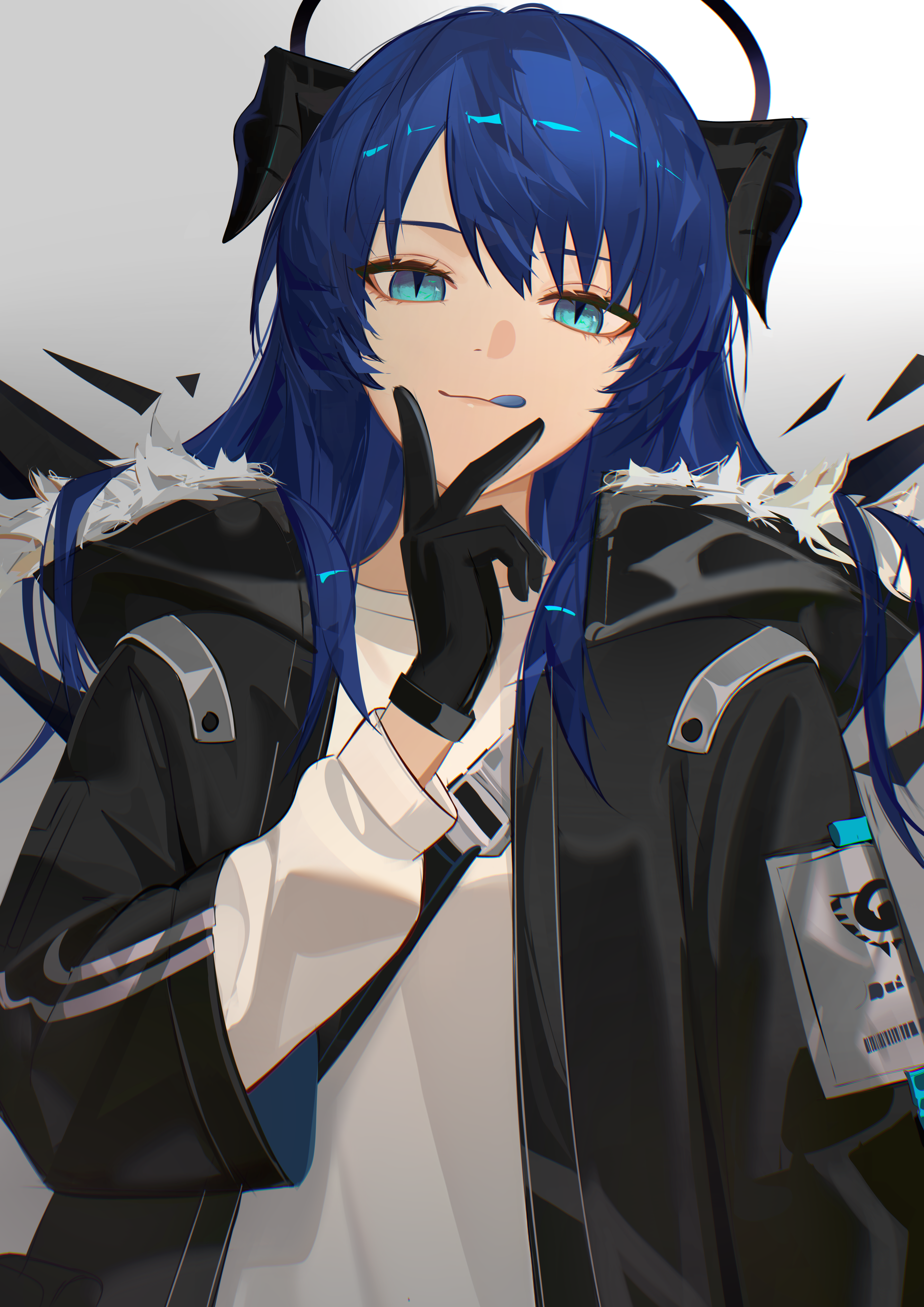dzyyeee, mostima (arknights), arknights, absurdres, commentary, highres, 1girl, :q, aqua eyes, black gloves, black halo, black horns, black jacket, blue hair, blue tongue, chromatic aberration, closed mouth, colored tongue, fur trim, gloves, grey background, halo, horns, jacket, long hair, long sleeves, looking at viewer, open clothes, open jacket, shirt, slit pupils, smile, solo, t-shirt, tongue, tongue out, traditional halo, v, v over mouth, white shirt