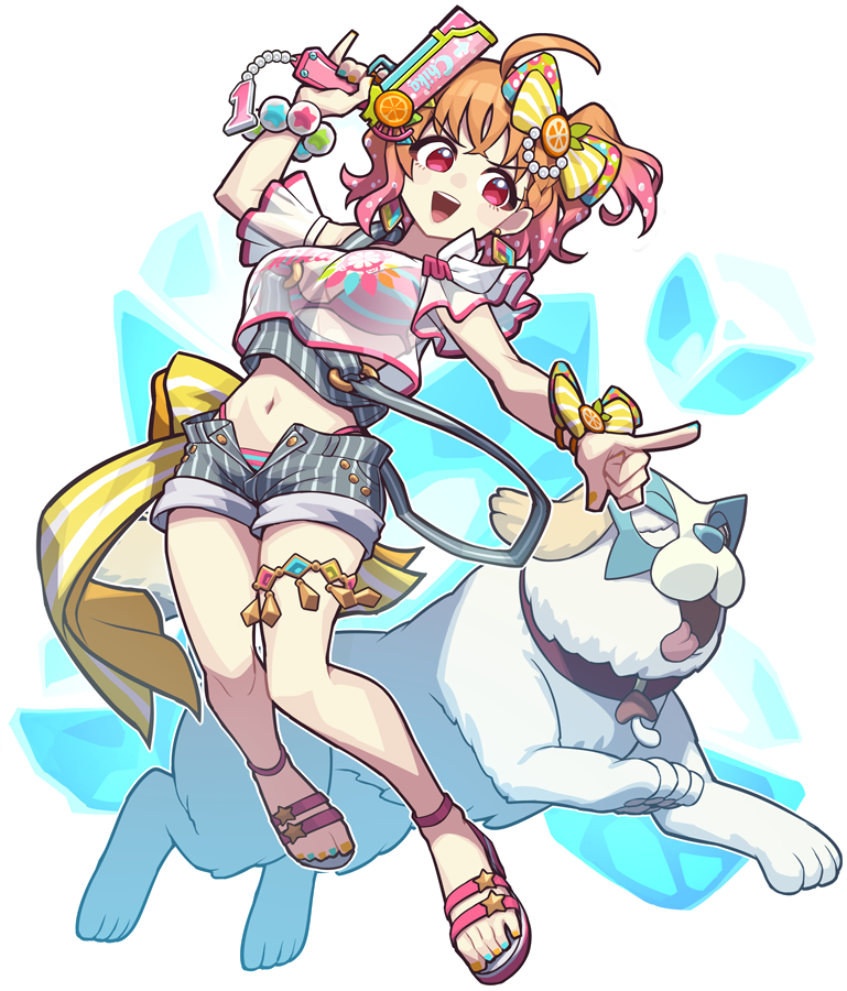 waste-man, shiitake (love live!), takami chika, love live!, love live! sunshine!!, 1girl, ahoge, blue nails, blush, bow, breasts, crop top, dog, earrings, full body, gradient hair, hair bow, ice, ice cube, jewelry, large breasts, multicolored hair, multicolored nails, navel, open mouth, orange hair, orange nails, pink eyes, pink hair, pointing, sandals, smile, solo, teeth, transparent background, two-tone hair, upper teeth only