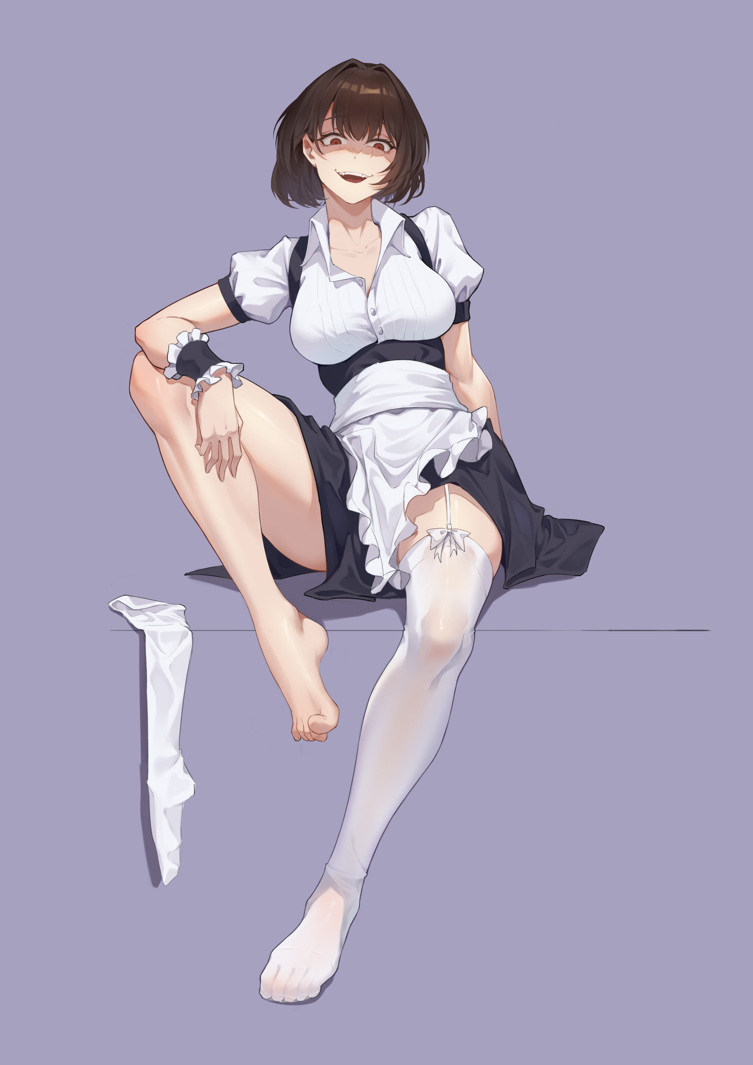aluo 7762, original, absurdres, character request, highres, 1girl, apron, barefoot, bow legwear, breasts, brown hair, collared shirt, constricted pupils, crazy eyes, crazy smile, evil smile, feet, frilled apron, frilled wrist cuffs, frills, garter straps, knee up, large breasts, legs, looking at viewer, maid, maid apron, open mouth, partially unbuttoned, puffy short sleeves, puffy sleeves, red eyes, shaded face, shirt, short hair, short sleeves, simple background, single thighhigh, sitting, smile, solo, thighhighs, thighs, toes, unworn thighhighs, white thighhighs, wrist cuffs