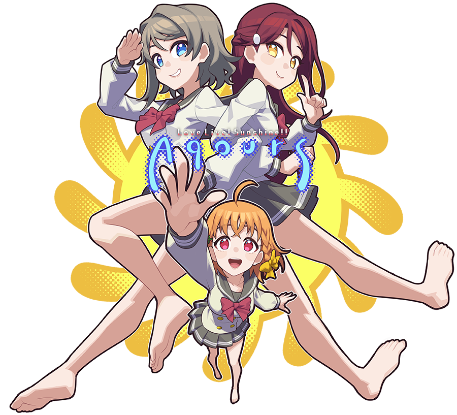 waste-man, sakurauchi riko, takami chika, watanabe you, love live!, love live! sunshine!!, 3girls, ahoge, arm up, barefoot, black skirt, blue eyes, blush, bow, bowtie, braid, brown eyes, brown hair, copyright name, grin, hair intakes, index finger raised, long hair, long sleeves, looking at viewer, multiple girls, orange hair, parted lips, pink eyes, pleated skirt, red bow, red bowtie, red hair, salute, school uniform, short hair, single braid, skirt, smile, teeth, transparent background, uranohoshi school uniform
