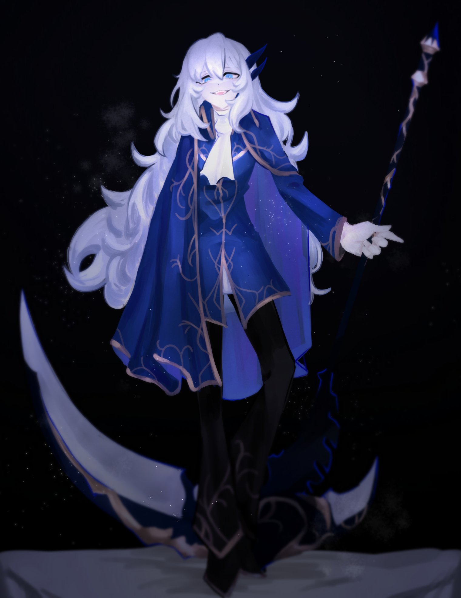 argalia (project moon), library of ruina, project moon, highres, 1boy, ascot, black background, black pants, blue cape, blue eyes, blue jacket, cape, full body, gold trim, jacket, jingblelove, long hair, long sleeves, looking at viewer, male focus, pants, scythe, simple background, smile, solo, standing, white ascot, white hair