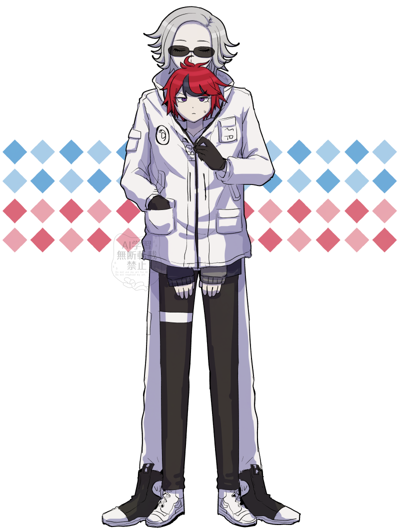 matsu shimatsuki, aotsuki eito, sumino takumi, the hundred line -last defense academy-, 2boys, ahoge, black gloves, black pants, black shoes, black streaks, blue eyes, breast pocket, closed eyes, full body, gloves, grey hair, grey jacket, hand in pocket, jacket, looking at another, male focus, multicolored hair, multiple boys, pants, partially unzipped, pocket, red hair, shared clothes, shared jacket, shoes, short hair, standing, streaked hair, sunglasses, sweatdrop, white background, white jacket, white pants, white shoes