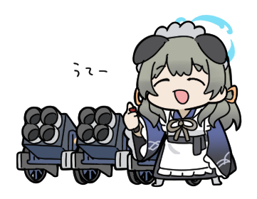 nyaru (nyaru 4126), umika (blue archive), blue archive, lowres, translated, 1girl, animal ears, apron, artillery, black skirt, blue kimono, chibi, closed eyes, controller, frilled apron, frills, grey hair, grey pantyhose, halo, holding, japanese clothes, kimono, long hair, long sleeves, low twintails, maid, maid headdress, no shoes, pantyhose, remote control, simple background, skirt, sleeves past fingers, sleeves past wrists, solo, standing, twintails, wa maid, waist apron, white apron, white background, wide sleeves