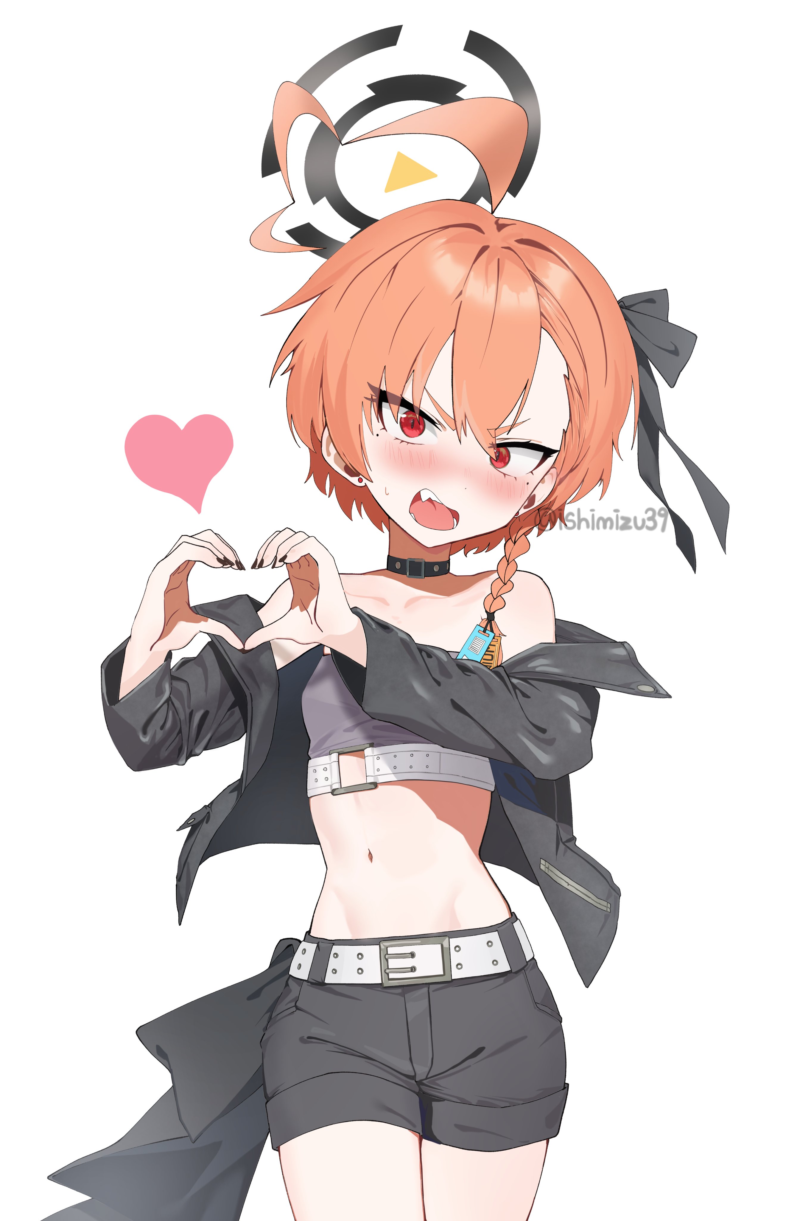 jjigong chigon, neru (blue archive), blue archive, 1girl, ahoge, belt, black choker, black jacket, black nails, black ribbon, black shorts, blush, braid, breasts, choker, crop top, earrings, embarrassed, hair ornament, hair ribbon, hair tie, halo, heart, heart hands, huge ahoge, jacket, jewelry, midriff, mole under each eye, mole under eye, multiple moles, navel, off-shoulder jacket, off shoulder, open clothes, open jacket, open mouth, orange hair, red eyes, ribbon, short hair, shorts, side braid, small breasts, solo, standing, twitter username, white background