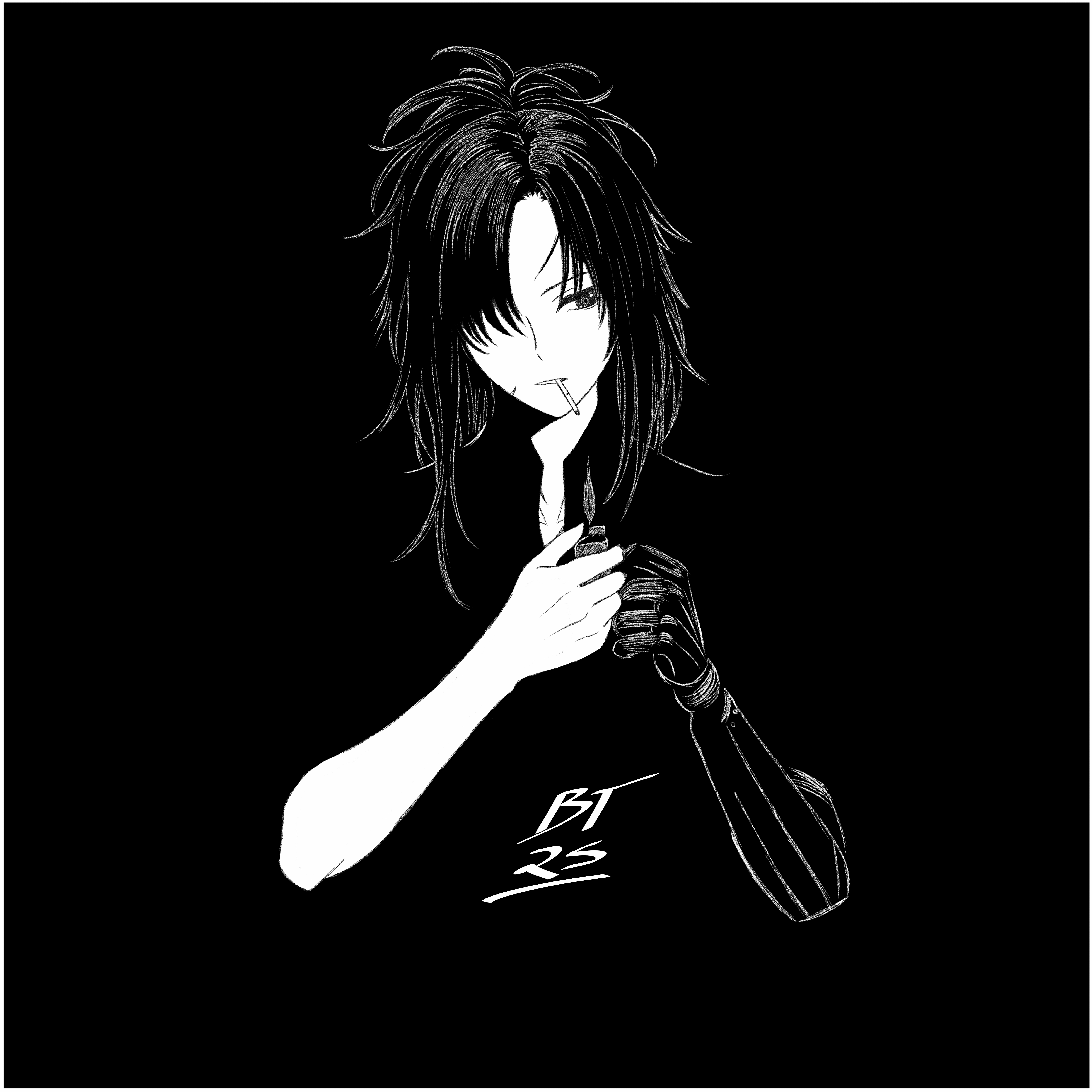elitesnakeeyes, victor tsoi, angelia (girls' frontline), girls' frontline, absurdres, highres, 1girl, black background, black hair, cigarette, hair over one eye, holding, holding cigarette, holding lighter, kino (band), lighter, lighting cigarette, mechanical arms, monochrome, mouth hold, signature, single mechanical arm, smoking, solo