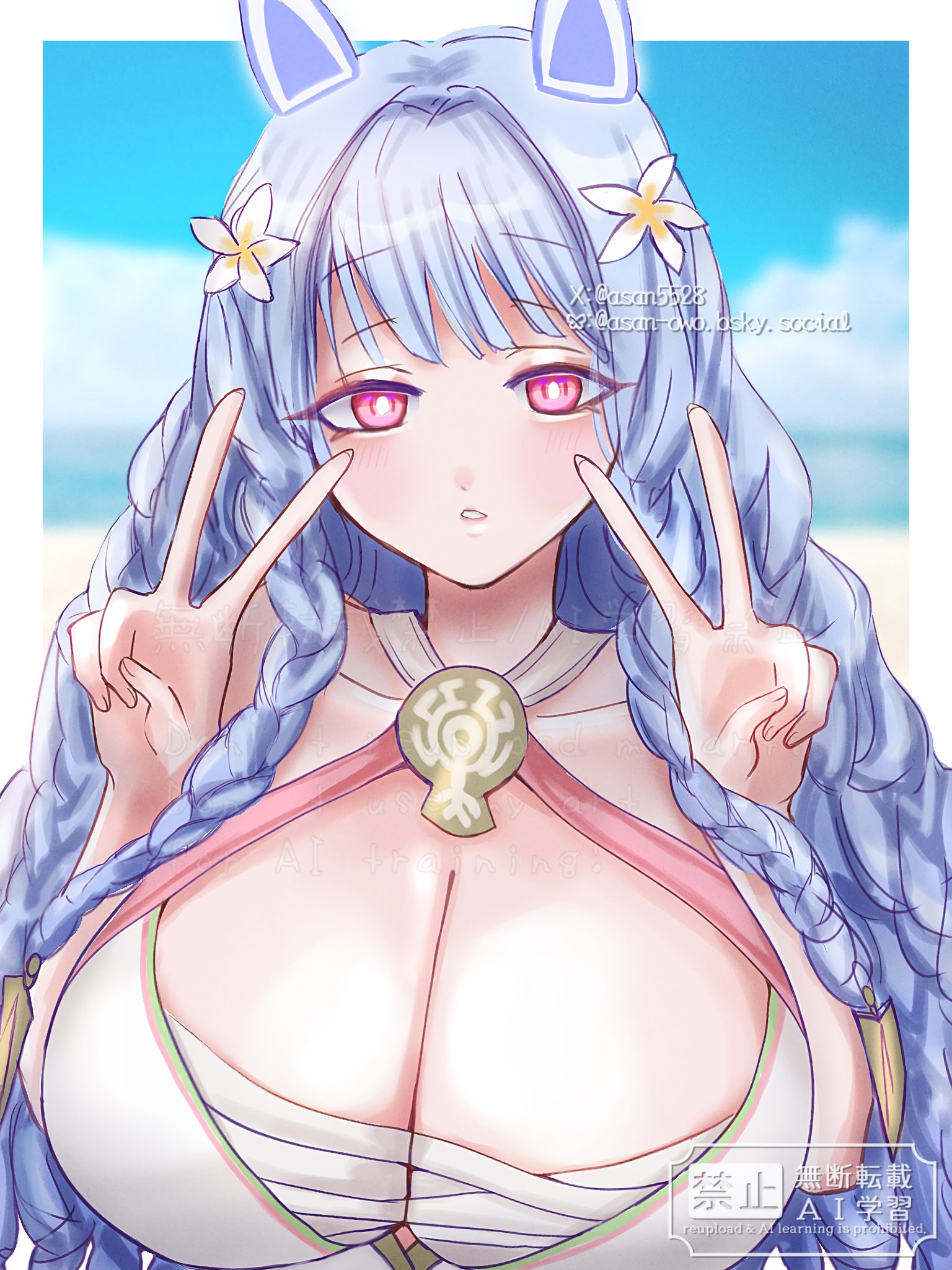 asan5528, heidrun (fire emblem), heidrun (summer) (fire emblem), fire emblem, fire emblem heroes, nintendo, highres, 1girl, bare shoulders, beach, bikini, blue hair, blue sky, blush, braid, breasts, cleavage, cloud, collarbone, double v, flower, hair flower, hair ornament, huge breasts, long hair, looking at viewer, ocean, official alternate costume, outdoors, parted lips, red eyes, sky, solo, swimsuit, upper body, v, very long hair, white bikini