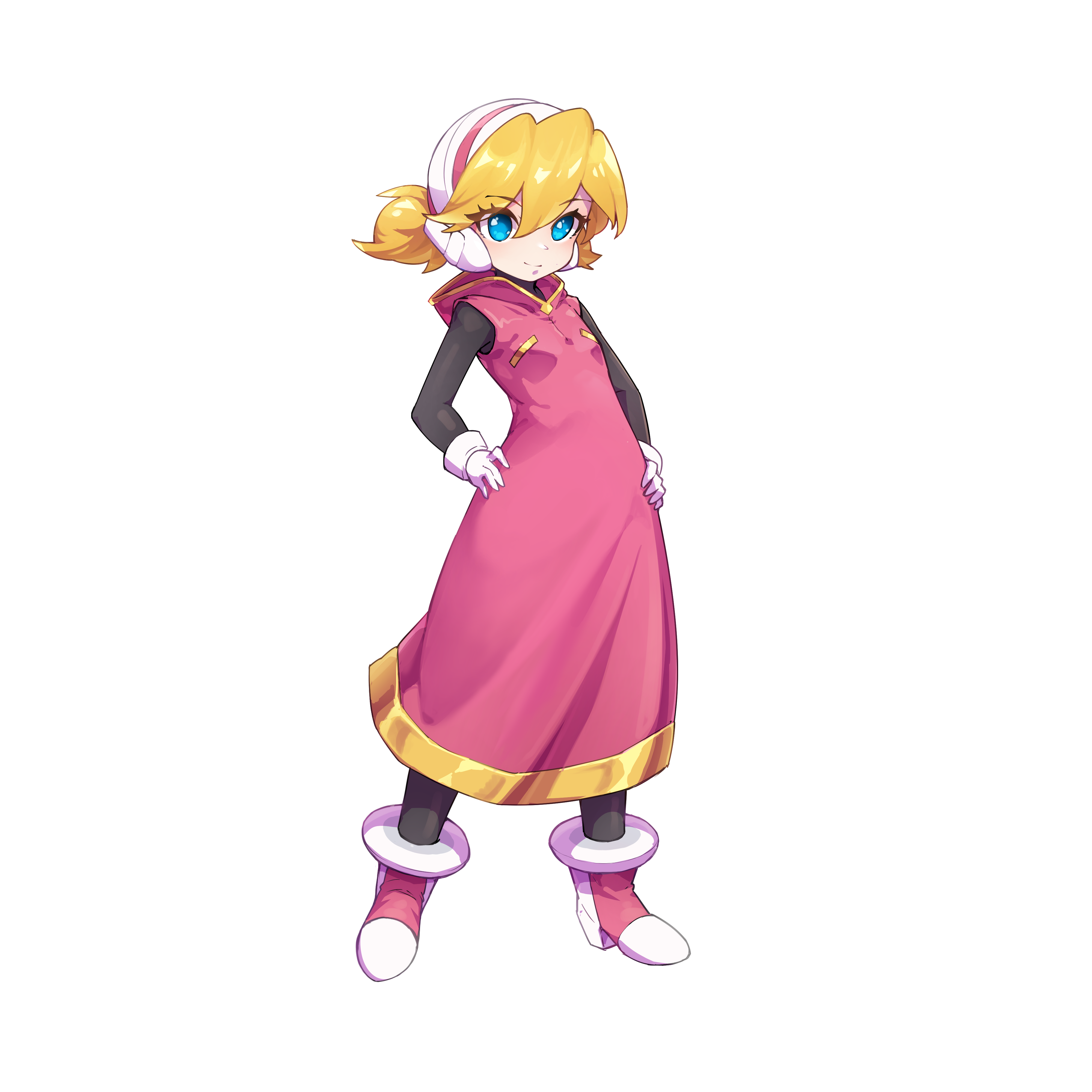 kiauwrenn, ciel (mega man), mega man (series), mega man zero (series), absurdres, commission, commissioner upload, highres, non-web source, 1girl, aged down, blonde hair, blue eyes, bodystocking, breasts, dress, eyelashes, gloves, hands on own hips, helmet, high heels, hood, hood down, hooded dress, light smile, long bangs, mechanical ears, medium hair, petite, short twintails, sleeveless, sleeveless dress, small breasts, solo, transparent background, twintails