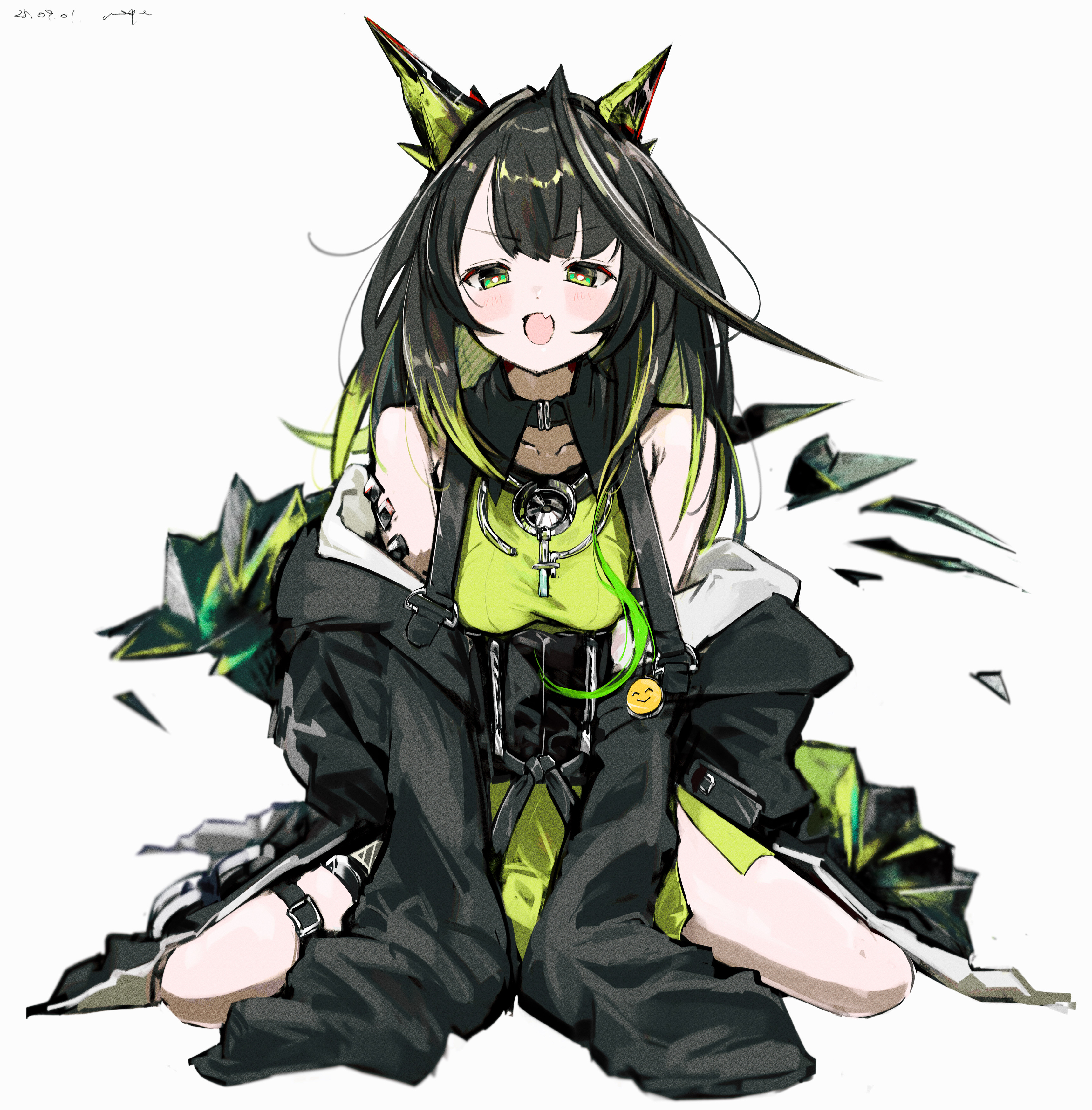 pppmepl, mon3tr (arknights), arknights, absurdres, commentary, english commentary, highres, 1girl, :d, ahoge, bare shoulders, black hair, black jacket, blush, bright pupils, colored inner hair, dated, emoji, fang, full body, green eyes, green hair, green shirt, huge ahoge, jacket, looking at viewer, material growth, medium hair, multicolored hair, off shoulder, open mouth, oripathy lesion (arknights), shirt, simple background, sitting, skin fang, sleeveless, sleeveless shirt, smile, solo, thigh strap, wariza, white background, white pupils