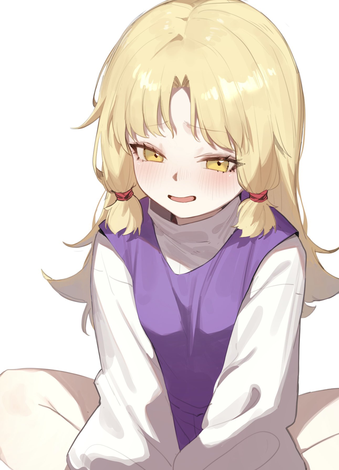 heoningu, moriya suwako, touhou, hashtag-only commentary, highres, 1girl, :d, arms between legs, blonde hair, blue vest, blush, double bun, ear blush, hair bun, hair ribbon, long hair, long sleeves, looking at viewer, no headwear, open mouth, parted bangs, purple skirt, red ribbon, ribbon, shirt, skirt, smile, solo, tress ribbon, vest, white shirt, wide sleeves