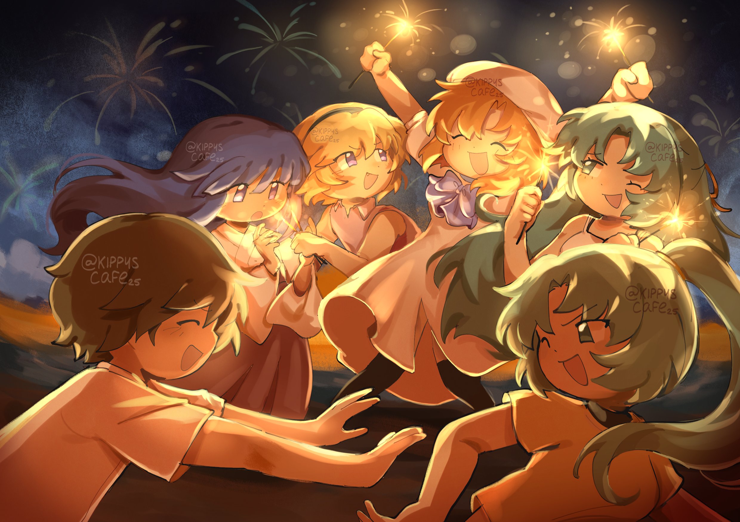 furude rika, houjou satoko, maebara keiichi, ryuuguu rena, sonozaki mion, sonozaki shion, higurashi no naku koro ni, highres, 1boy, 5girls, arms up, awestruck, bare shoulders, beret, black hairband, black pantyhose, blonde hair, blue hair, blunt bangs, blush, bow, brown hair, chasing, closed eyes, dress, fang, fireworks, green eyes, green hair, hair ribbon, hairband, half updo, hat, holding, holding fireworks, japanese clothes, kippyscafe, long hair, looking at another, looking at object, miko, multiple girls, night, one eye closed, open mouth, orange hair, pantyhose, pink shirt, ponytail, purple bow, purple eyes, red ribbon, ribbon, school uniform, shirt, short hair, short sleeves, skirt, sleeveless, sleeveless shirt, smile, spaghetti strap, sparkler, twitter username, white hat, white shirt