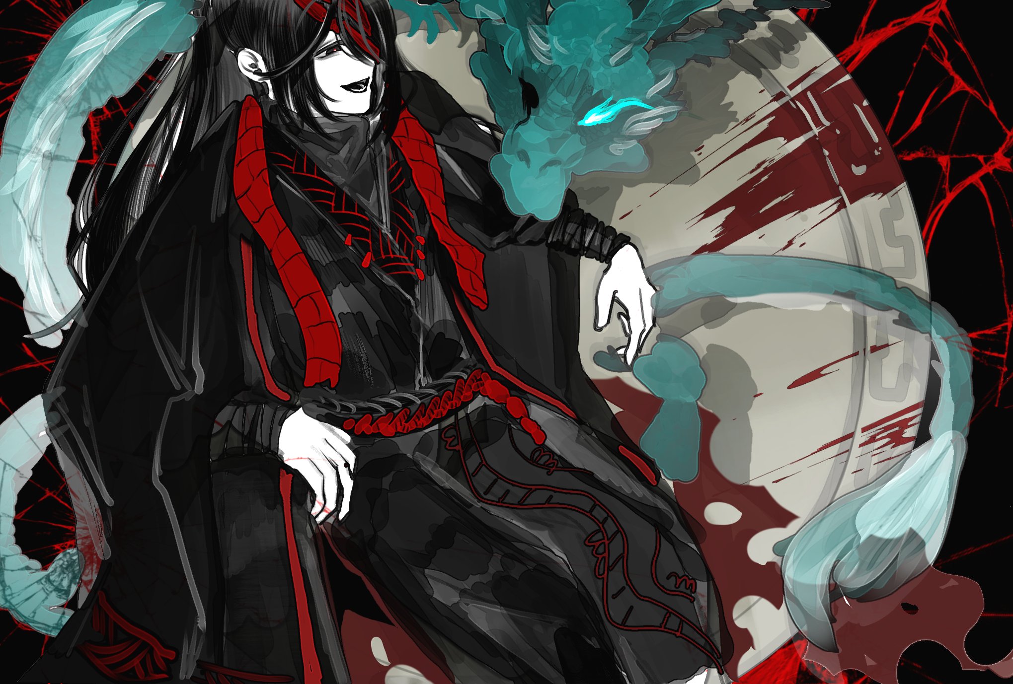 coconut 2611, hong lu (project moon), limbus company, project moon, highres, 1boy, bandage over one eye, black background, black eyes, black hair, black hanfu, black sweater, blood, chinese clothes, dragon, eastern dragon, family hierarch candidate (identity) (project moon), hanfu, high ponytail, long hair, male focus, open mouth, ponytail, rope belt, simple background, sitting, solo, stole, sweater, upper body