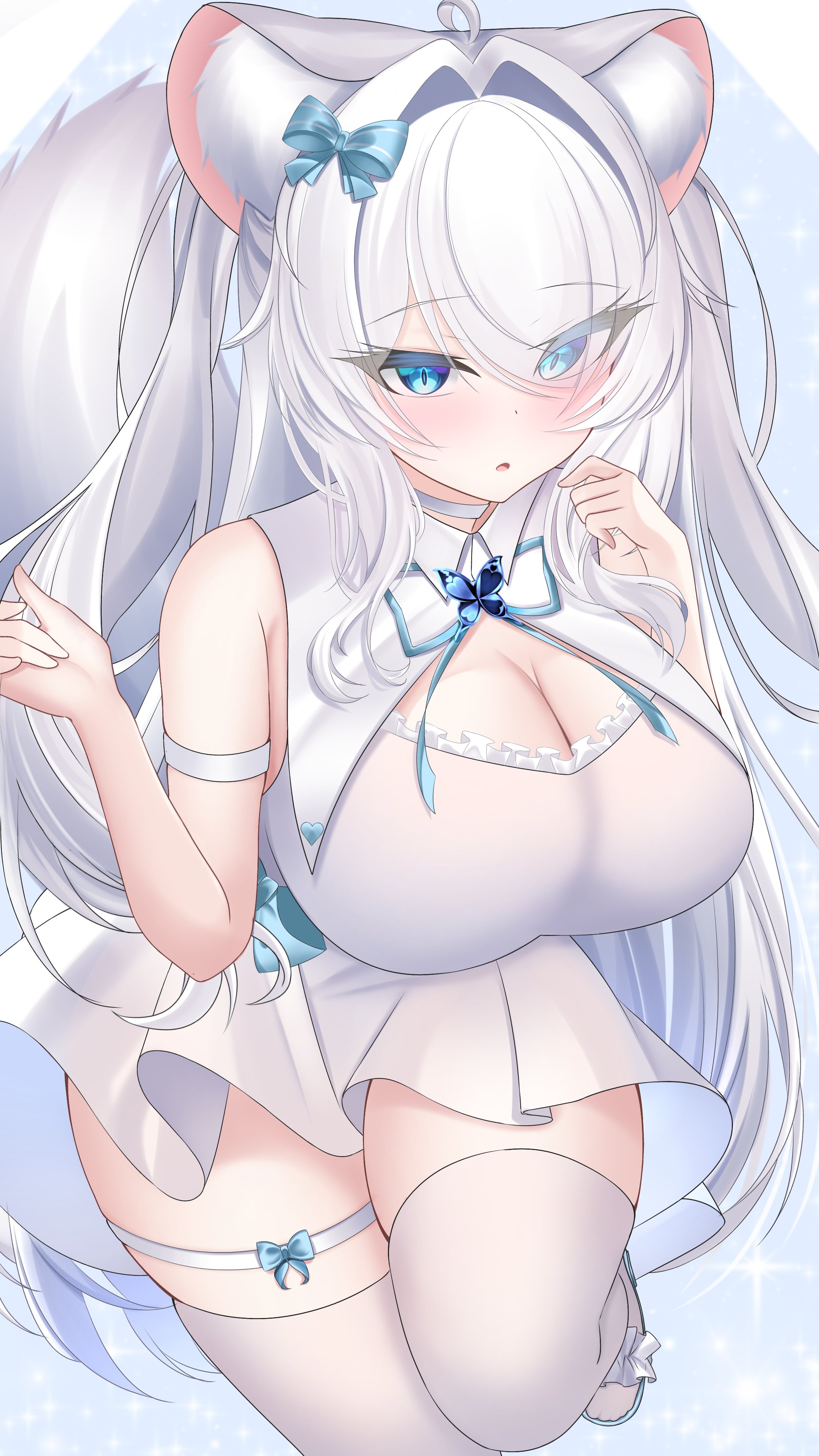 kokuyou oath, original, absurdres, highres, 1girl, animal ear fluff, animal ears, armband, blue eyes, blush, bow, breasts, choker, cleavage, hair between eyes, hair bow, large breasts, long hair, parted lips, shirt, skirt, sleeveless, solo, tail, thigh strap, thighhighs, white armband, white choker, white hair, white shirt, white skirt, white thighhighs, zettai ryouiki