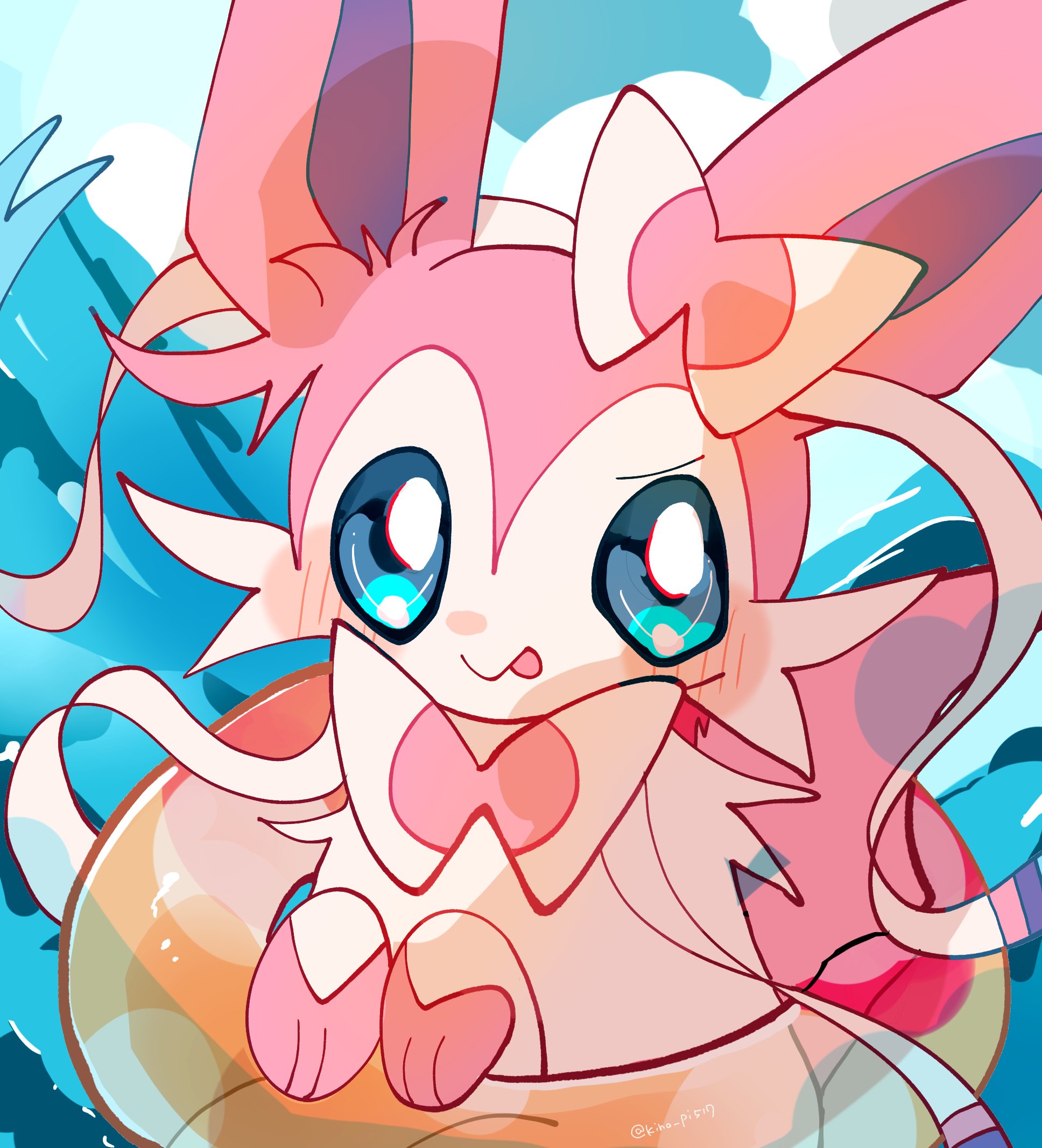 sylveon, nintendo, pokemon, highres, animal focus, blue eyes, blue sclera, blue sky, blush, bow, closed mouth, cloud, colored sclera, gen 6 pokemon, innertube, kino pi517, looking at viewer, no humans, ocean, outdoors, pink fur, pokemon (creature), pokemon focus, ribbon, sky, smile, solo, swim ring, tongue, tongue out, two-tone fur, water, white fur