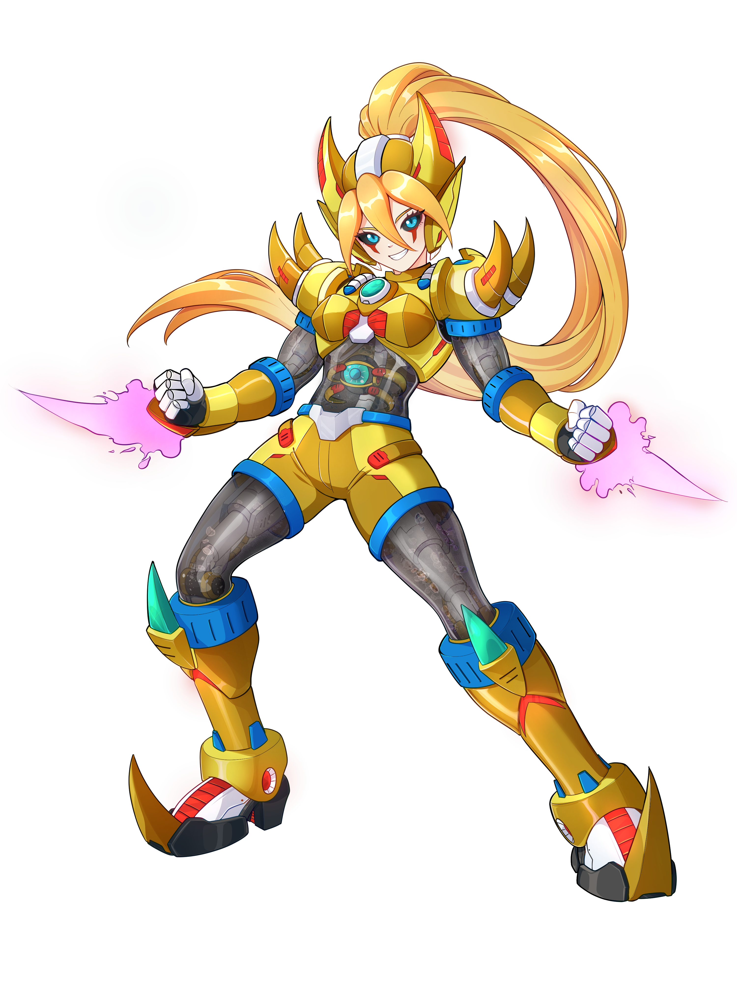 uta guipiy, ciel (mega man), double (mega man), mega man (series), mega man zero (series), mega man zx, absurdres, commission, commissioner upload, highres, non-web source, 1girl, alternate costume, armor, armored boots, armored gloves, belt, biometal, black sclera, blonde hair, blue eyes, body armor, bodystocking, boots, breasts, chest jewel, colored sclera, cyborg, elbow gloves, energy blade, evil grin, evil smile, eyelashes, fake horns, gauntlets, gloves, grin, helmet, horned helmet, horns, knee armor, knee boots, long bangs, long hair, looking at viewer, mark under eye, mechanical ears, petite, ponytail, see-through body, shorts, shoulder armor, small breasts, smile, solo, transparent background, wrist blades