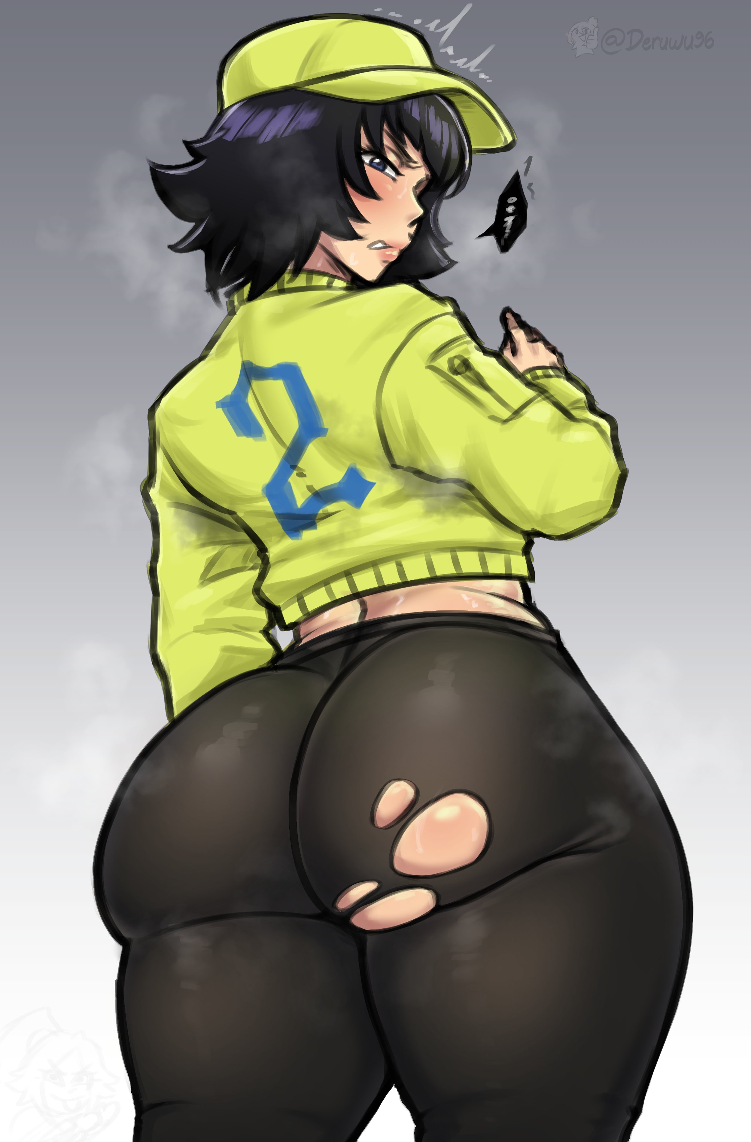 deruwu96, sui-feng, bleach, bleach: sennen kessen-hen, torn legwear, highres, 1girl, 2025, artist name, ass, black hair, blush, breasts, curvy, female focus, green jacket, hat, jacket, leggings, lips, medium hair, number print, pants, parted lips, simple background, small breasts, solo, standing, steam, thighs, torn clothes, twitter username, wide hips