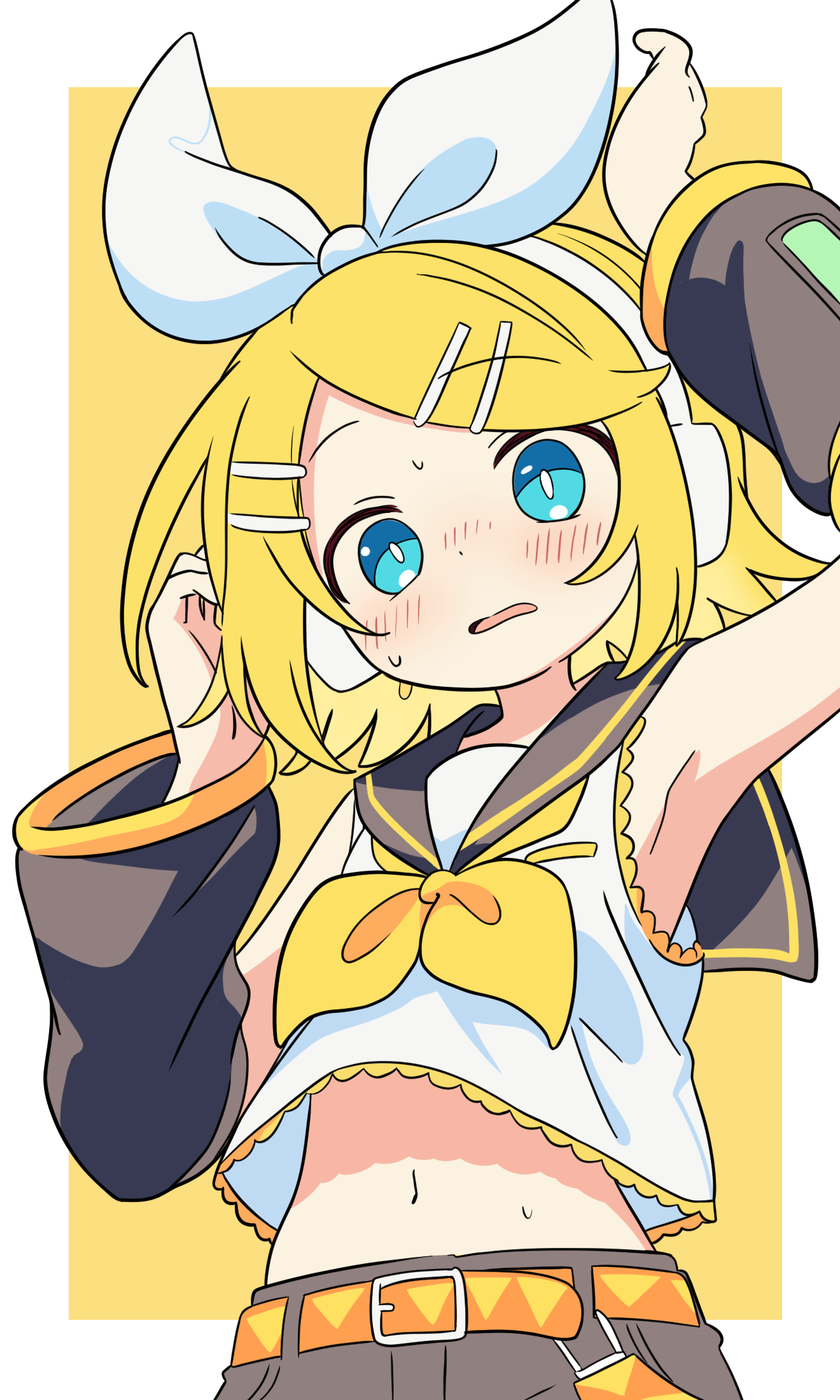 noire neige, kagamine rin, vocaloid, highres, 1girl, adjusting hair, armpits, belt, belt buckle, blonde hair, blue eyes, blush, bob cut, bow, bow hairband, buckle, crop top, detached sleeves, hair ornament, hairband, hairclip, hands up, headphones, midriff, navel, open mouth, sailor collar, school uniform, serafuku, short hair, simple background, skirt, solo, sweatdrop, yellow background