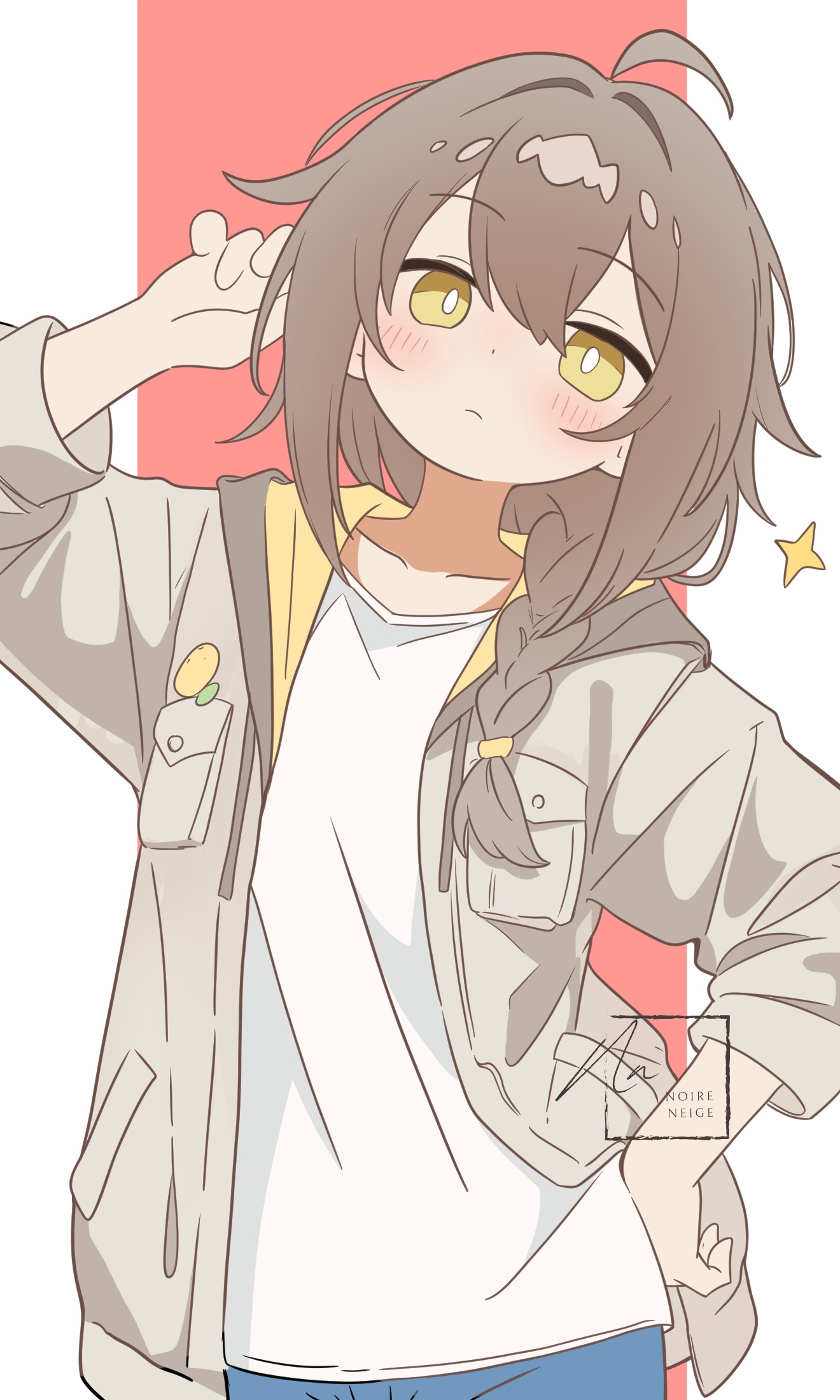 noire neige, kokona (strinova), strinova, highres, 1girl, ahoge, blush, braid, braided ponytail, brown hair, collarbone, hair between eyes, hair tie, hand on own hip, hand up, head tilt, hood, hood down, hoodie, jacket, long hair, low ponytail, multicolored hair, open clothes, open jacket, pocket, ponytail, potato, red background, shirt, simple background, solo, star (symbol), streaked hair, white background, white shirt, yellow eyes