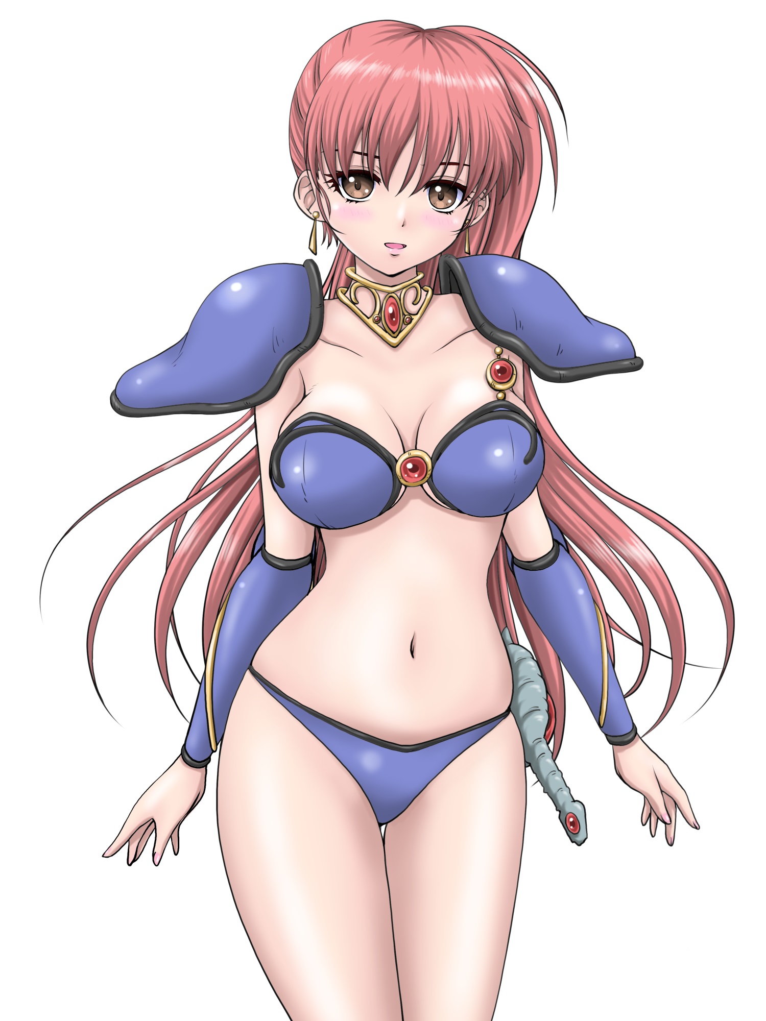 t taranbo, asagiri youko, genmu senki leda, highres, non-web source, 1girl, armor, bikini, bikini armor, blue bikini, breasts, cowboy shot, long hair, navel, red eyes, red hair, solo, swimsuit, sword, weapon