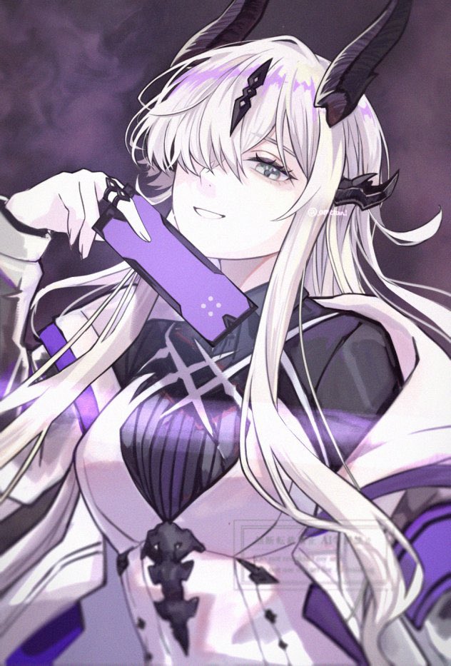 ametani, necrass (arknights), arknights, commentary, 1girl, black horns, fingernails, grey eyes, hair over one eye, holding, horns, jewelry, long hair, long sleeves, looking at viewer, one eye covered, ring, smile, solo, upper body, watermark, white hair