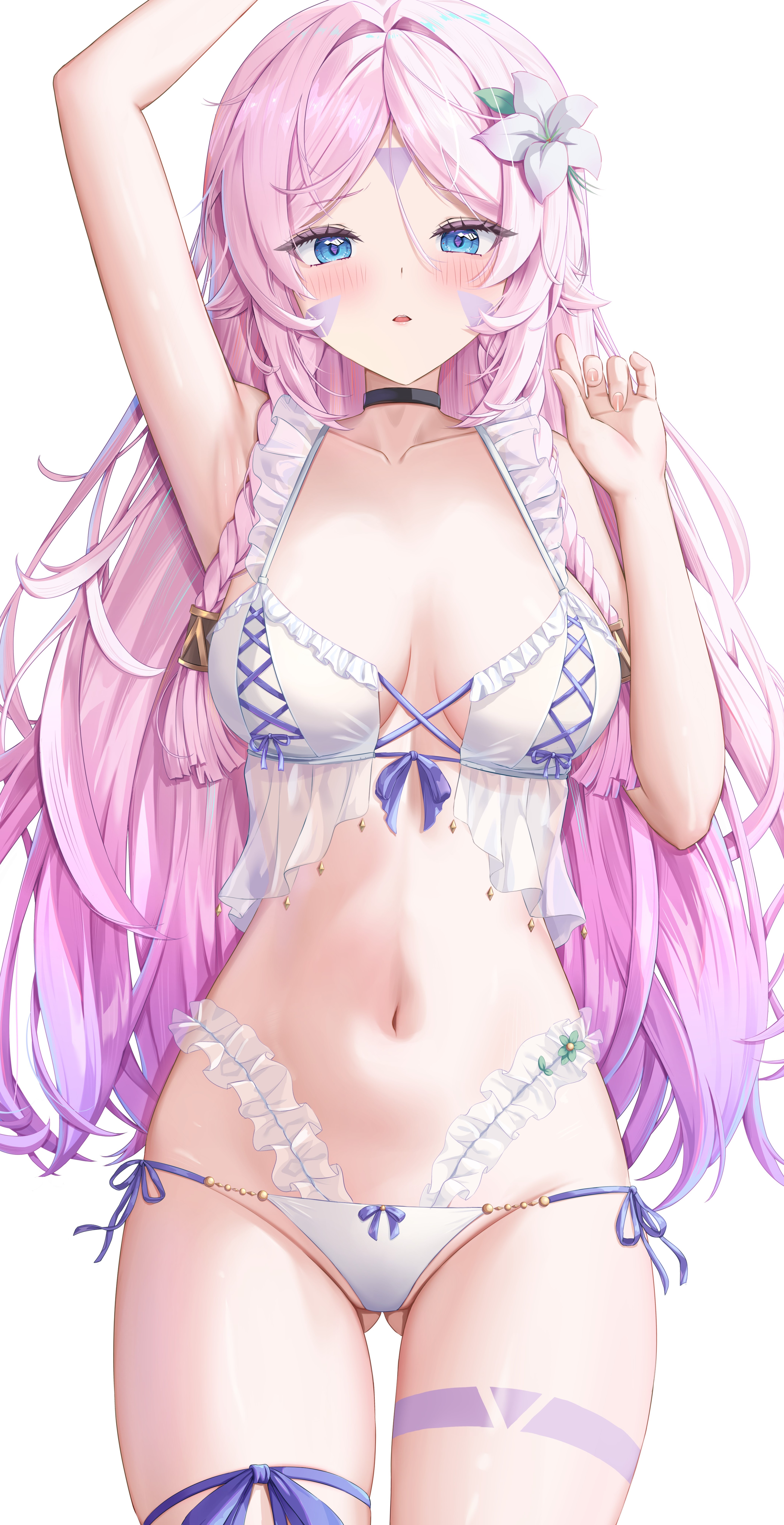 dokimaru, citlali (genshin impact), genshin impact, absurdres, commentary request, highres, 1girl, alternate costume, arm up, bare shoulders, black choker, blue eyes, blush, breasts, breasts apart, choker, collarbone, cowboy shot, facial mark, flower, forehead mark, gluteal fold, hair flower, hair intakes, hair ornament, hand up, long hair, looking at viewer, medium breasts, navel, panties, parted lips, pink hair, purple pupils, simple background, solo, stomach, triangle, triangle facial mark, underwear, white background, white flower, white panties