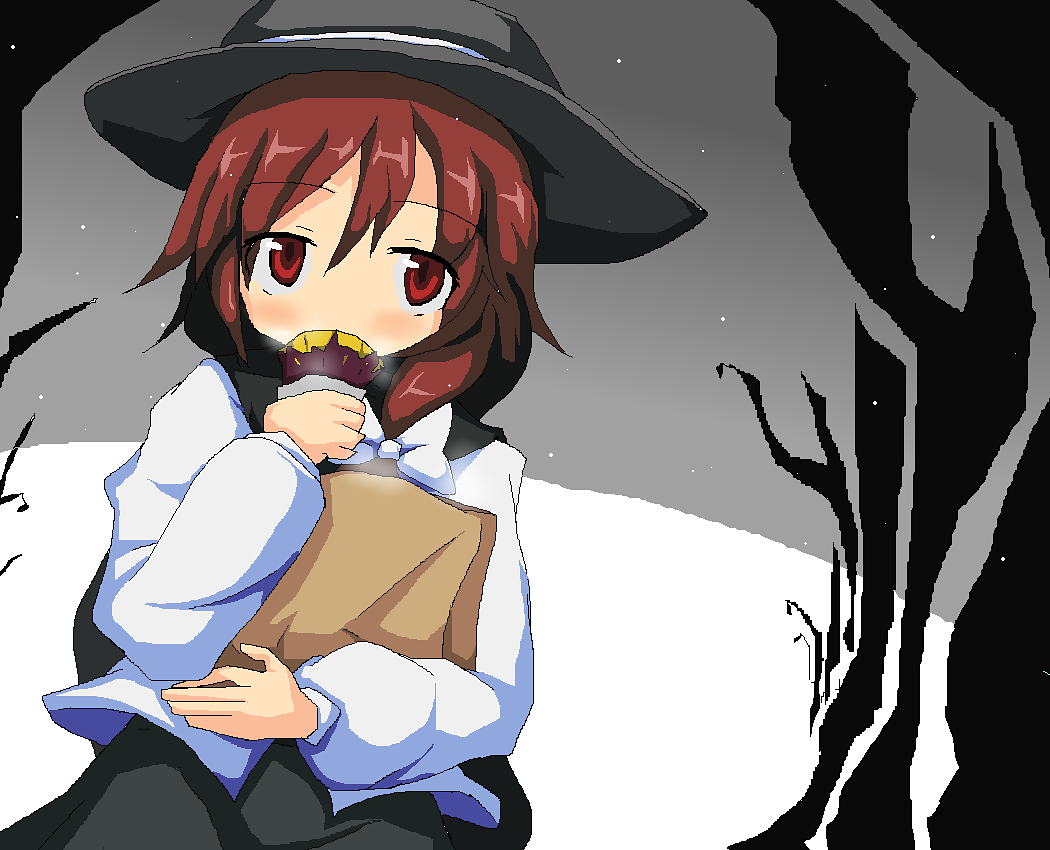 nagaresimasu, usami renko, touhou, 1girl, black skirt, brown eyes, brown hair, eating, fedora, hat, looking at viewer, night, shirt, skirt, snack, solo, star (sky), white shirt