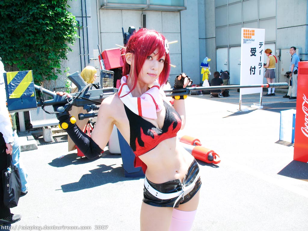 sena (model), yoko littner, tengen toppa gurren lagann, photo (medium), bikini, bikini top only, chopsticks, cosplay, gloves, gun, red hair, rifle, shorts, swimsuit, thighhighs, weapon