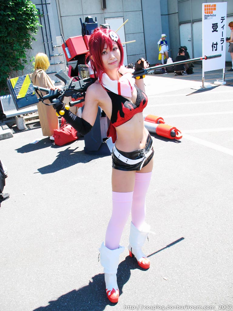 sena (model), yoko littner, tengen toppa gurren lagann, photo (medium), bikini, bikini top only, chopsticks, cosplay, gloves, gun, red hair, rifle, shorts, swimsuit, thighhighs, weapon