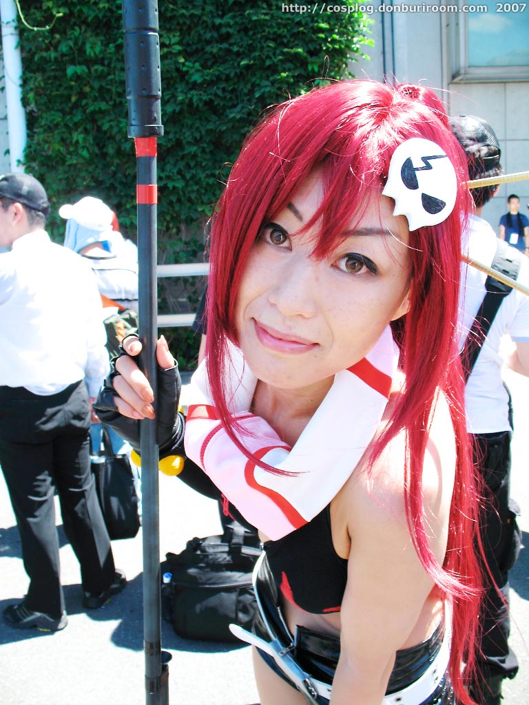 sena (model), yoko littner, tengen toppa gurren lagann, photo (medium), bikini, bikini top only, chopsticks, cosplay, gloves, gun, red hair, rifle, shorts, swimsuit, thighhighs, weapon